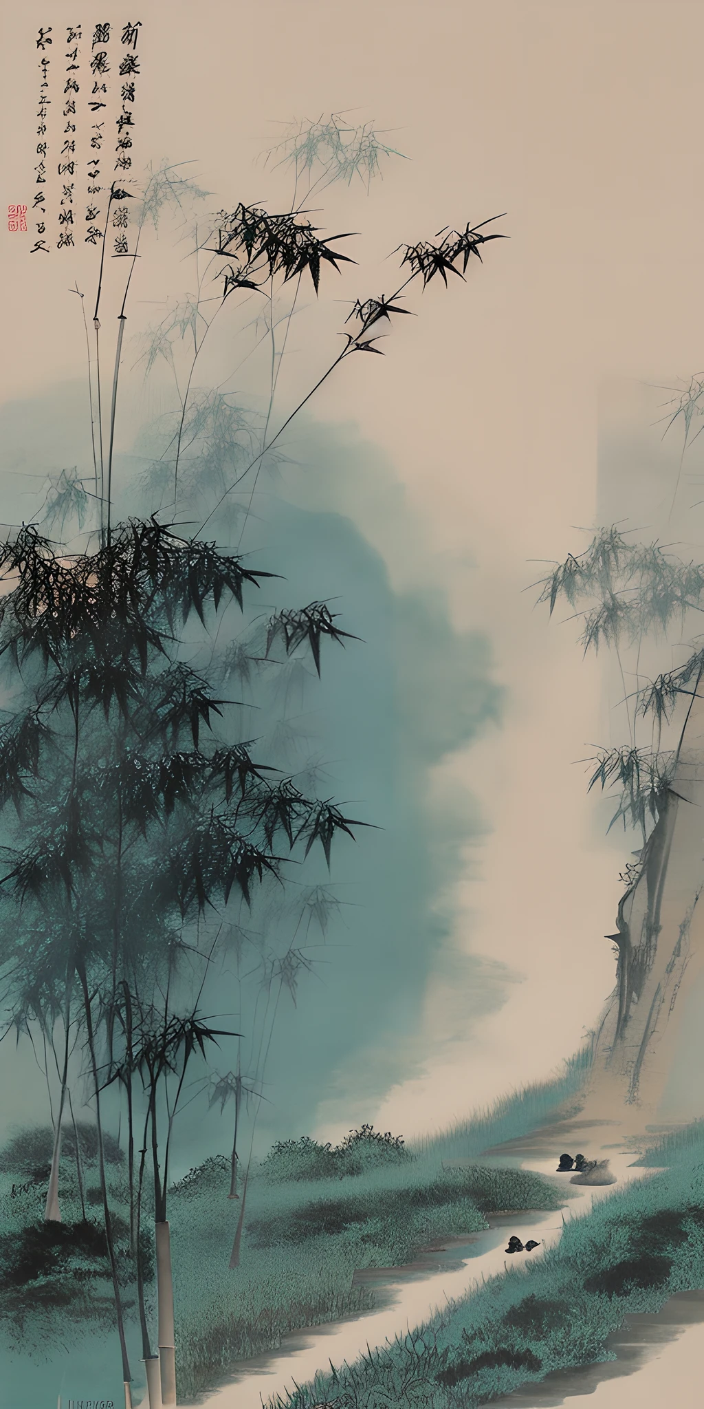 bamboo forrest，Moxin, (ecchi0.5), (green trees:0.5), (Flowers:0.6) ,(Birds:0.2), (bamboo0.1), lakes, Hangzhou,Ink landscape painting