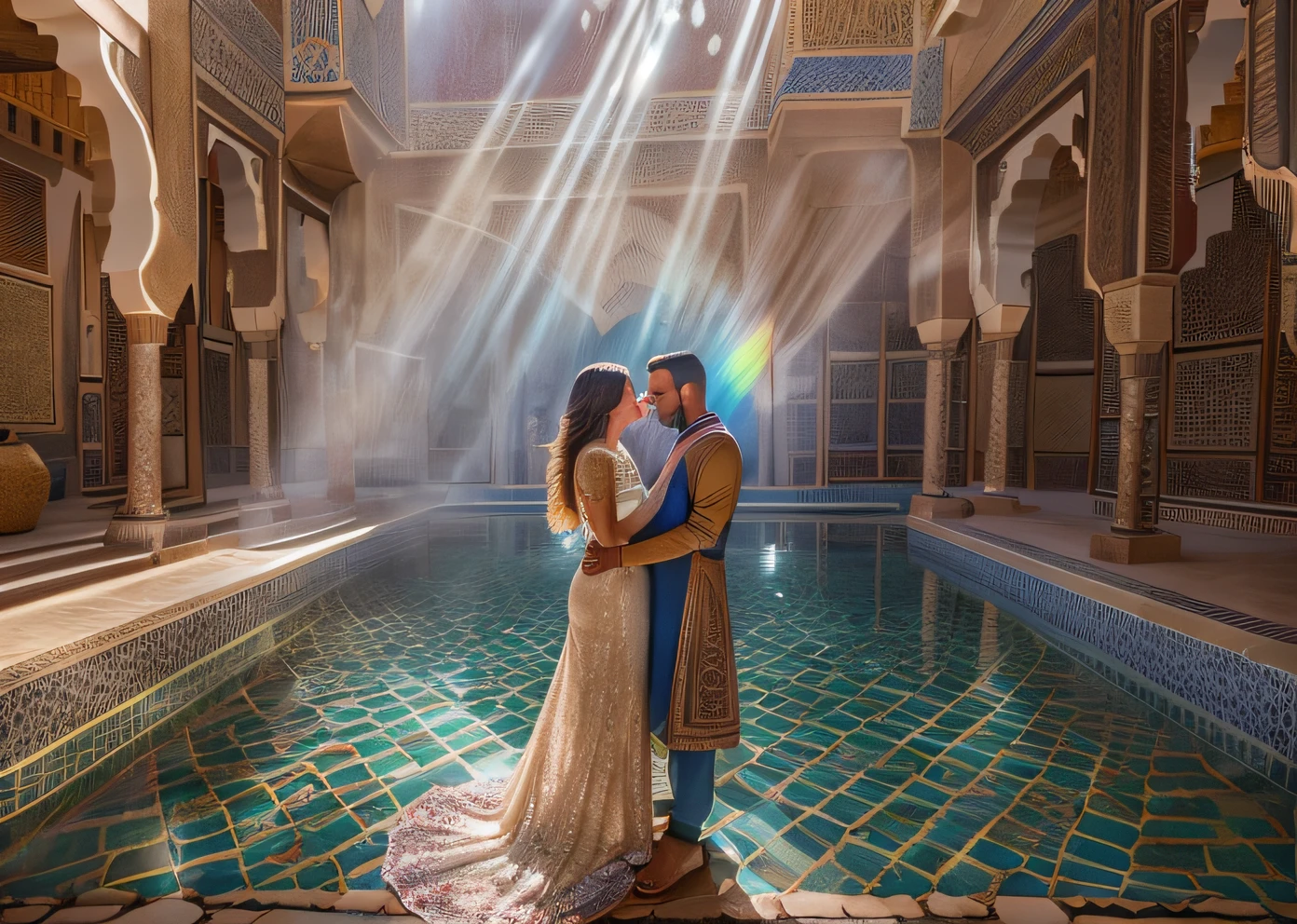 ((Ouarzazate in background)), (chefchaouen), (((riad))) photo, ((hugging)), ((((1 man and 1 woman)))) sparkling splashing rainbows, curvy, (((clear straight even bright eyes))), (((woman has super long hair))) (((man has shor hair))), flowing, glistening, iridescent sheer dress hooded kaftan abaya, riad fountain, glimmering, sweating, crystal jewels, melting, shimmering, glowing flowers (masterpiece) (best quality) (detailed) (8k) (HDR) (wallpaper) (cinematic lighting) (sharp focus) (intricate) opalescent, Photoluminescence, treasure, mystical, fantasy, exotic lights, gems, (Moroccan candles), sunrays, ((desert oasis)), Ouzoud waterfalls, Tastir, arabesque, safi, (sanddunes), sand, palm trees, opalescent, Photoluminescence lights, (gems growing), glowing desert flowers, fantasy, clear, Cinematic RAW photo, hyper real photo, ultrarealistic, 8k uhd, dslr, soft lighting, high quality, film grain, Fujifilm XT3, photographed on a Kodak Retina II Sanyo Xacti VPC-CA6, 50mm lens, Wide Angle, HDR, hyper-realistic, colorgraded, volumetric lighting, [volumetric fog, moist], shallow depth of field, reflections, photo, (sparkling) splashing rainbows, glistening, (iridescent), glowing, glimmering, crystals, ((secret treasure in it)), mystical, enchanting, glittering, ((1 Moroccan man)), ((1 white woman)). mist, wish, (longing) (together love), ((true love)), romantic, (((riad bed))), ((((heterosexual relationship only)))), twinflame, soulmates, (1 male and 1 female), romantic,