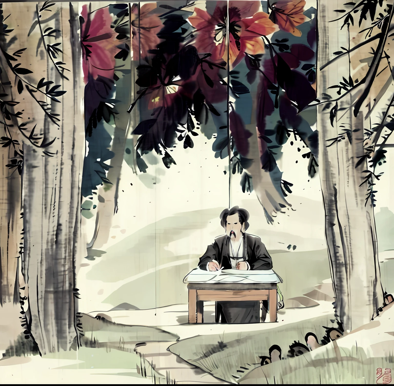There is an old male scholar in the painting,Sit at your desk and write a book,There is a tree next to it,ancient china art style,kiyo,Song Dynasty,Inspired by Yang Buzhi,chinse landscape,Traditional Chinese art,Chinese style painting,Ming dynasty,Chinese art,Tang Dynasty Palace,Li Di,dreamland of chinese,Zhu Da,Beautiful rendering of the Tang Dynasty,Tang dynasty