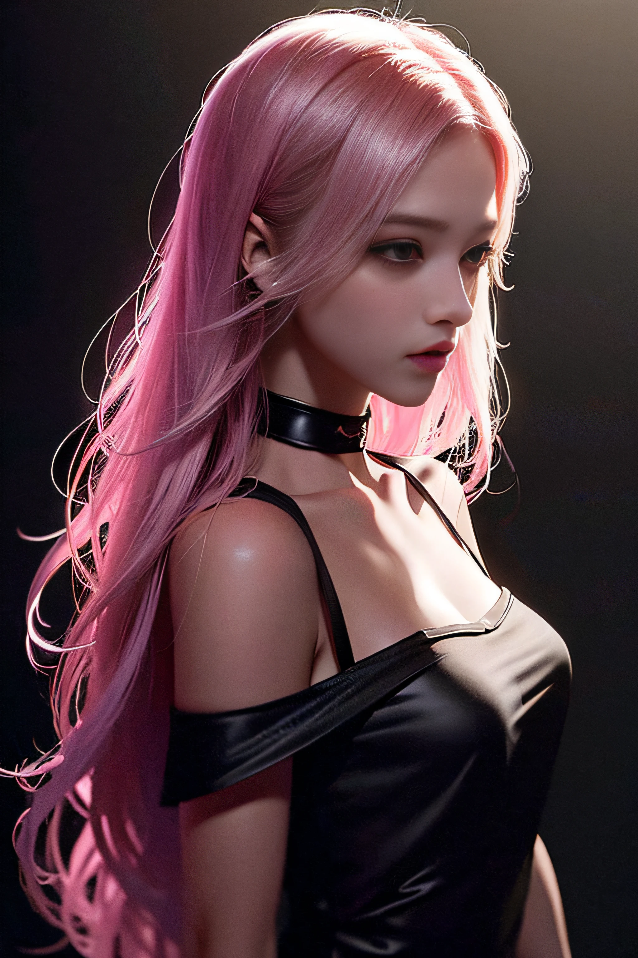 (xx),(in the dark:1.6) Best quality, tmasterpiece, 超高分辨率, (photorealistic:1.4), 1girl, offshoulder, (deep shadow:1.4), long hair, low key,pink hair, night