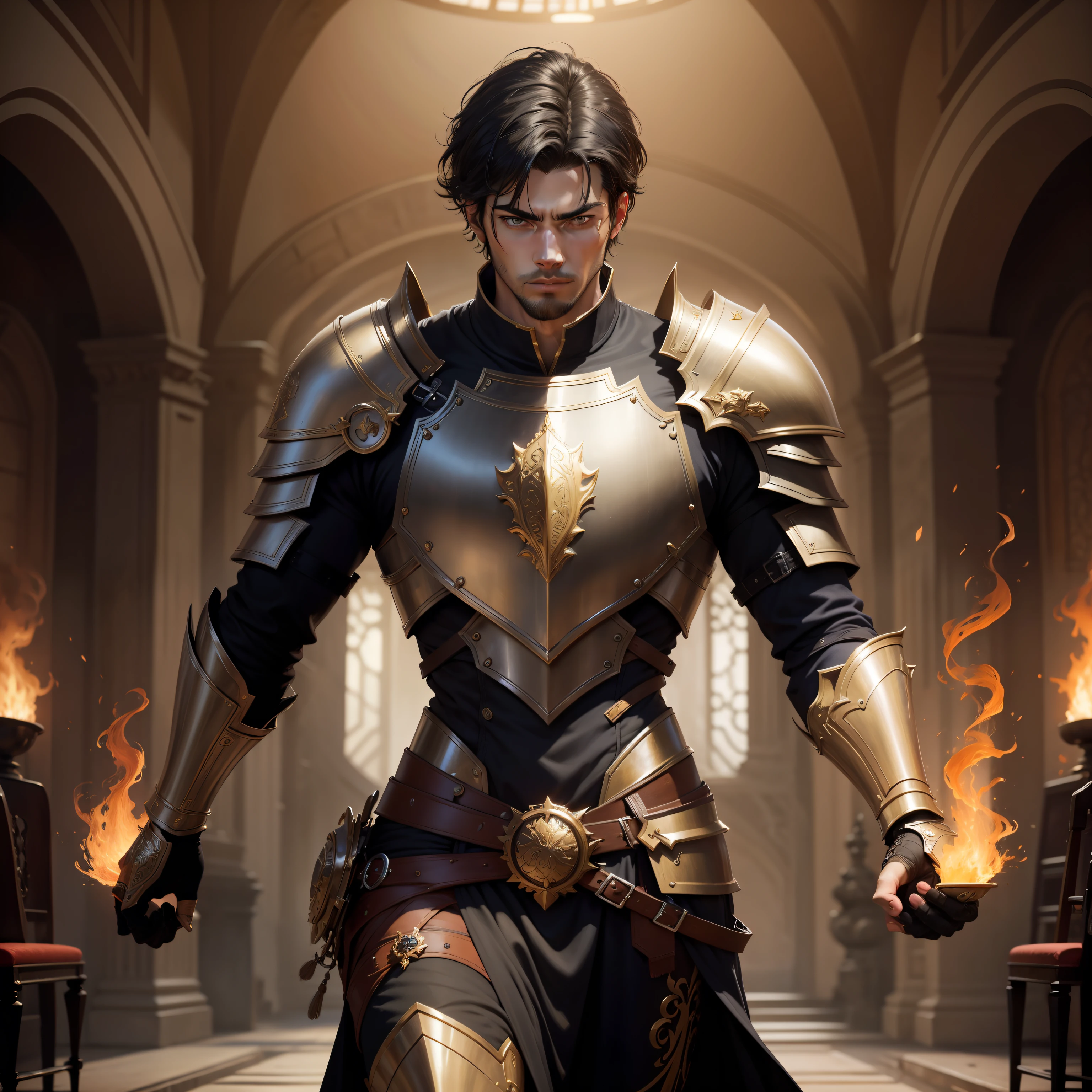masterpiece, best quality, realistic, 1male, solo, 25-year-old, black hair, short hair, handsome, tall and strong, intricately detailed face, knight, gold armor, handsome face, cinematic scene, dramatic light, 8k, determined look, Intricate details, highly detailed, Sharp focus, a digital rendering, professional, 4K, art stations, Art germ, fantasy, full body, arena, fire magic, fire element,