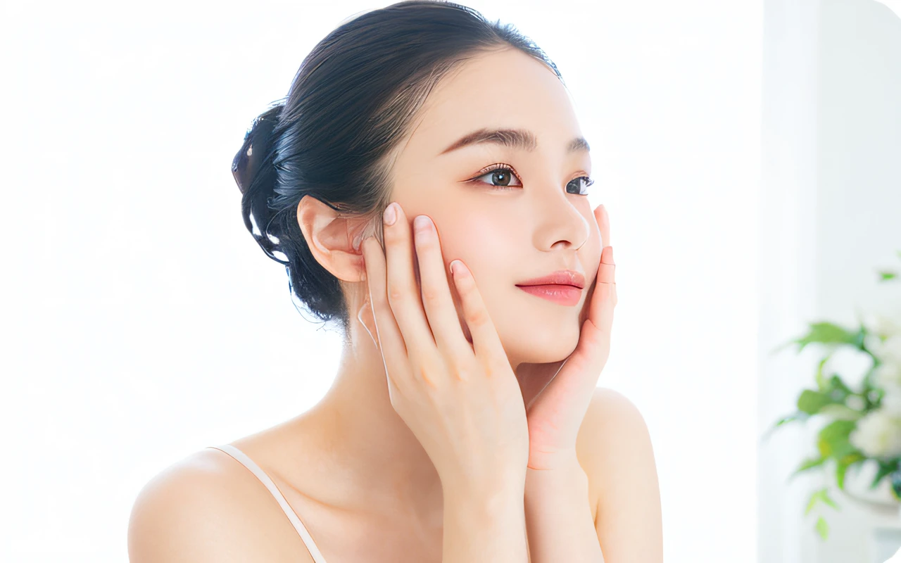 There is a woman looking in the mirror with her hands on her face, woman with porcelain skin, smooth glowing skin, clean face and body skin, smooth porcelain skin, smooth healthy skin, glowing skin face, skincare, Put hand on cheek, Smooth facial features, smooth textured skin, soft eyes and narrow chin, beautiful face and flawless skin, advertisement picture、Beautiful fingers、