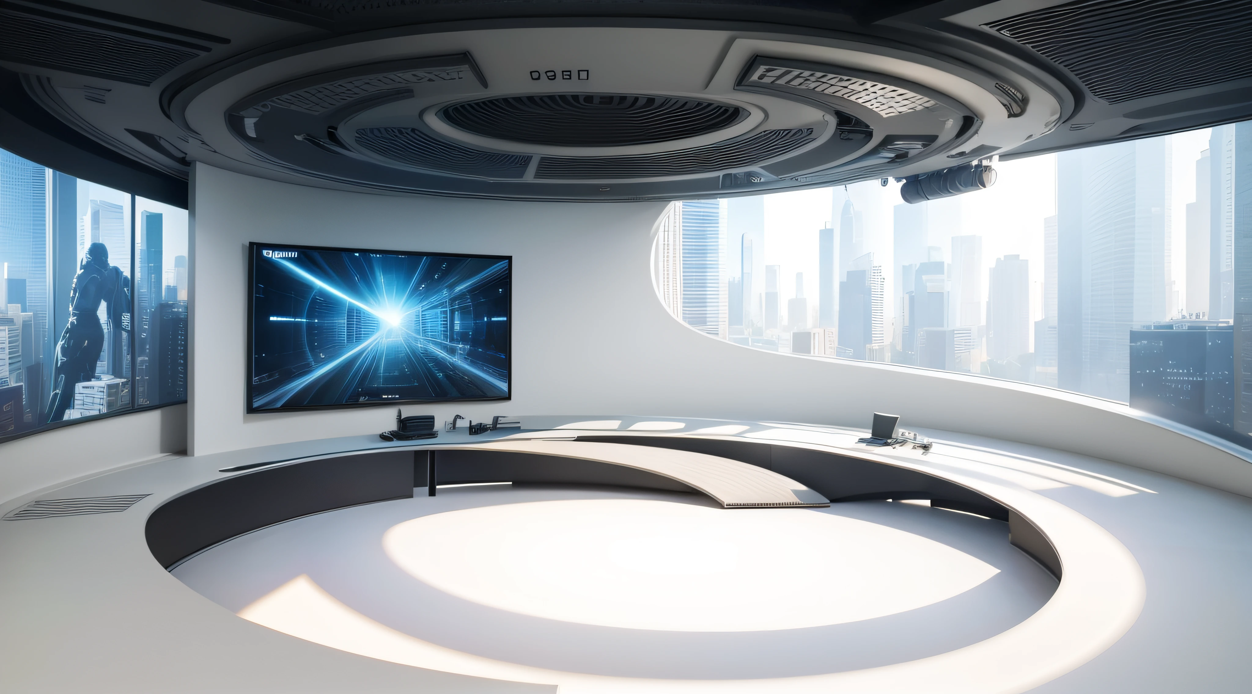 futuristic journalistic studio with a large table in the center, with sunlight at the morning, of the image that hides the waist down part of the presented modern 8k best quality realistic masterpiece