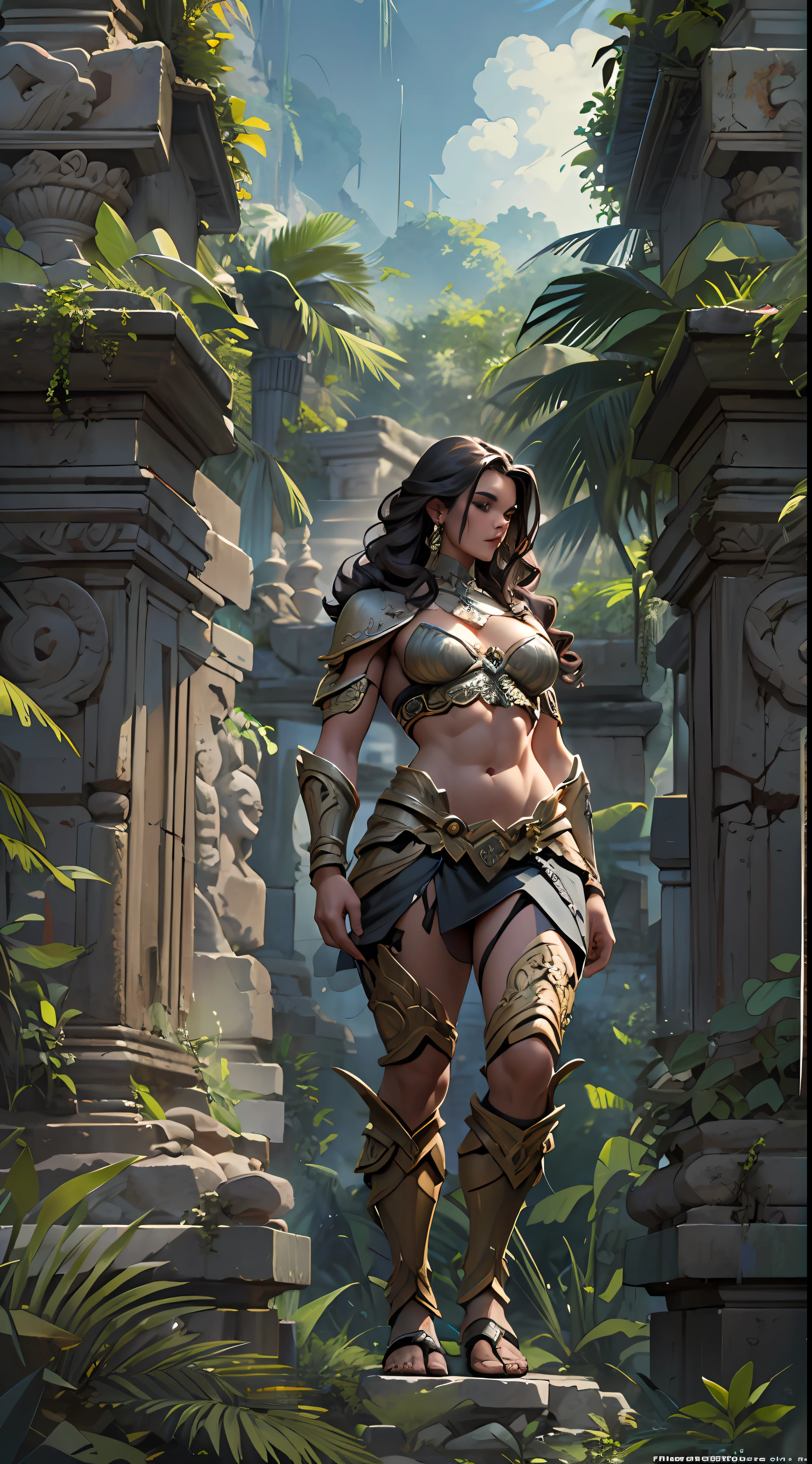 Sculpted warrior, exposed upper torso, legs bared from thighs to feet, flowing long curls, intricate muscular details, photorealistic depiction, 4K resolution. Background: Ancient temple ruins in a lush jungle,32k uhd, best quality, masterpiece, super detail, high details