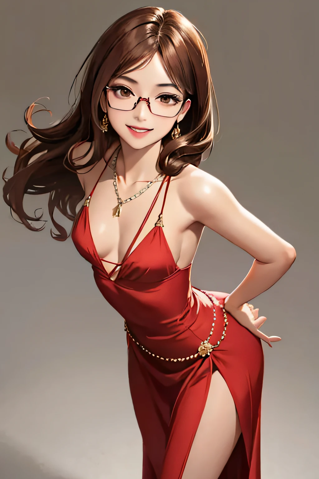 1girl, smile, slim, , brown eyes, sharp eyes, small breasts, standing slightly left side, facing viewer, dress, high heels, glasses, small diamond necklace , sexy red long skirt, long brown hair, no background