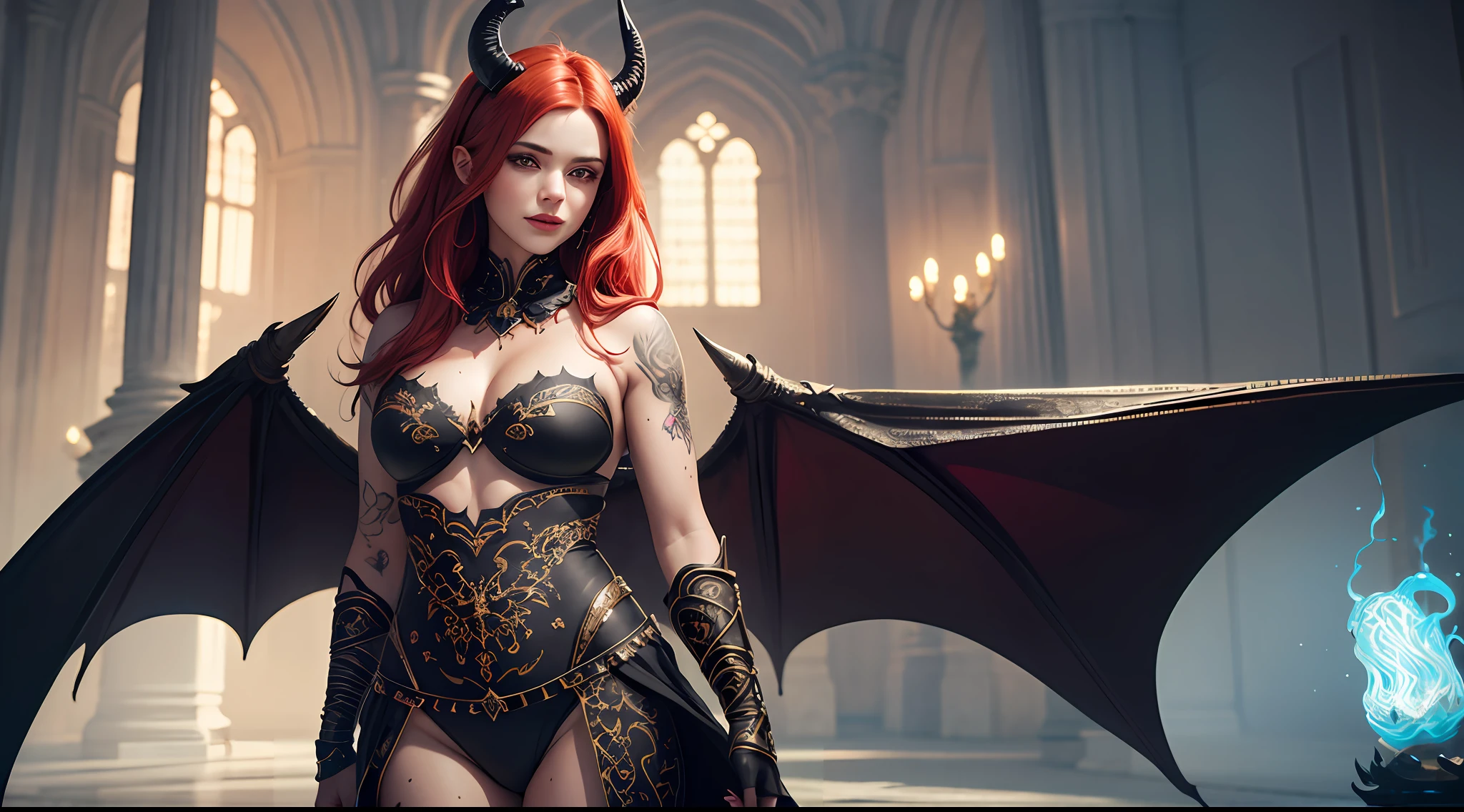 a matural female，redheadwear，Dragon's horn，Bat wings，Tattooed with，magia，Large breasts，magnificent robe，complex patterns，palaces，(skin indentation:1.5), realisticlying, realisticlying, (Masterpiece:1.5), concept-art, intricately details, highly  detailed, realisticlying, rendering by octane, 8K, unreal-engine, dynamicposes, Best quality at best, A high resolution, (photorealiscic face:1.1), (Hyper-realistic:1.1),  perfect  eyes,(shiny skins:1.2),  Radiant force,  smog, magia, ((Dramatic)), Epic, battlefiled, depth of fields, Background bokeh, 4K,  ashes, Particle，