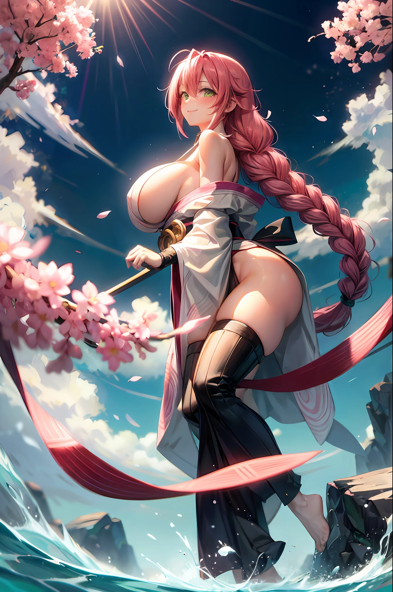 8k high definition, Mitsuri Kanroji, pink hair, green hair, braids, huge natural breasts, seductive pose, shy embarrassed smile, black kimono, fists