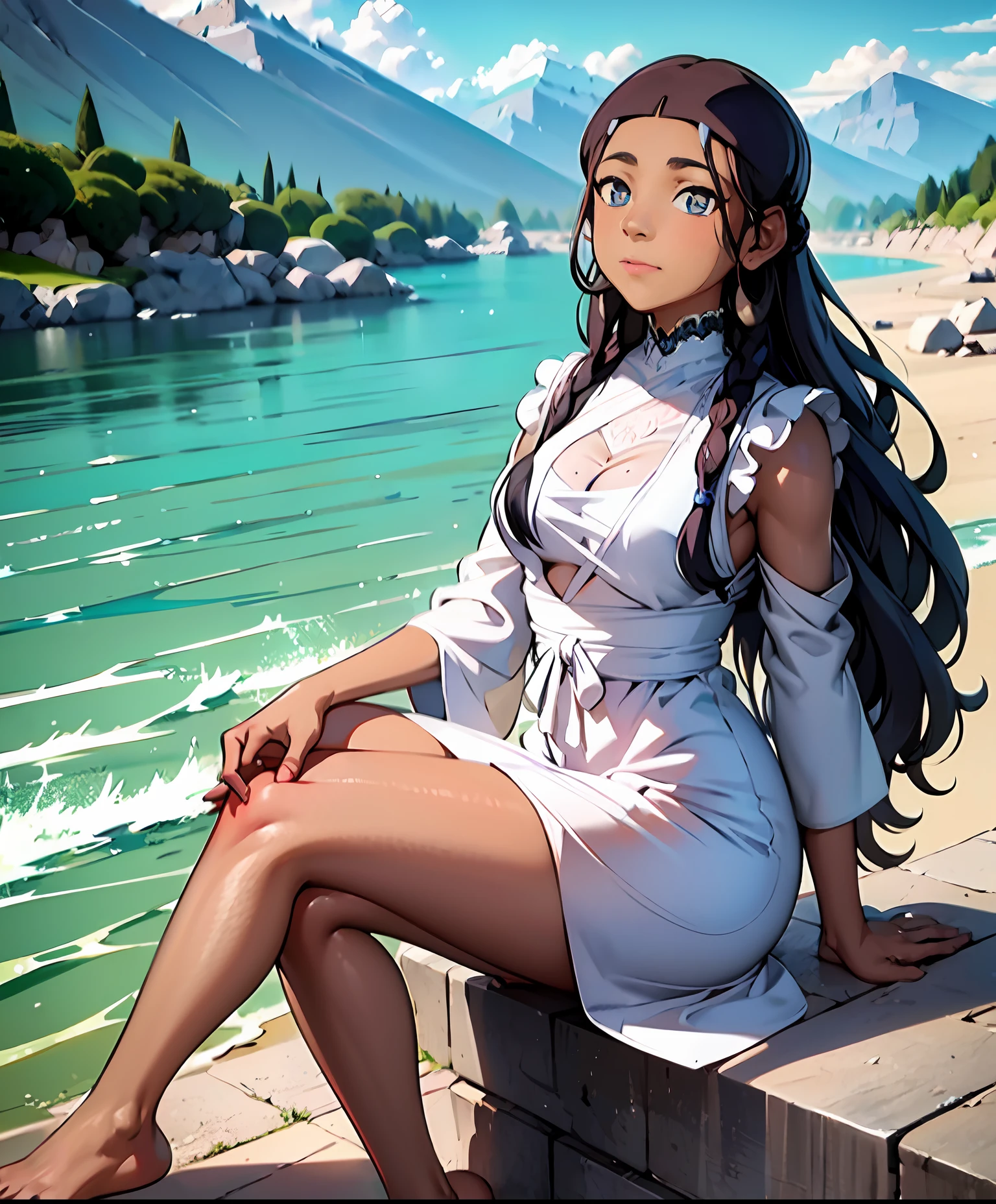 Obra maestra, La mejor calidad, teen ((Katara)), Entonado, dark skin, trenza, jewely, Mirando al espectador, vestido corto, vestido levantado, vestido blanco, on the river, sol, Revelar bajo vestido, normales senos, no shoes , Mostrar bragas blancas,  (ojos azules:0.6)