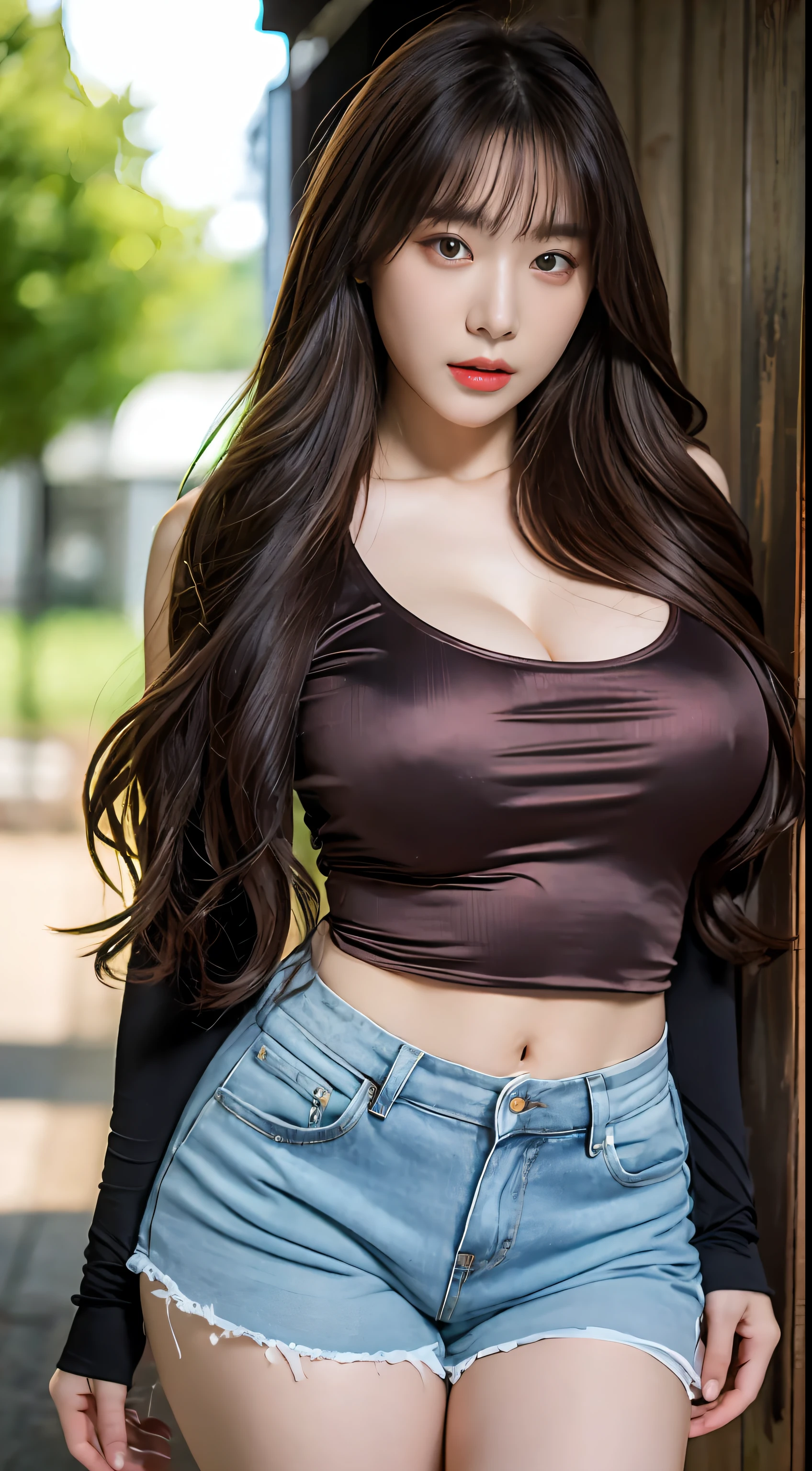 ((top quality, 8k, masterpiece: 1.3)), sensual woman, 1 girl, (slender figure: 1.2), dark brown hair, (outdoor, shirt, shorts: 1.1), ultra detailed face, detailed lips, detailed eyes, double eyelids, (huge breasts: 1.2)