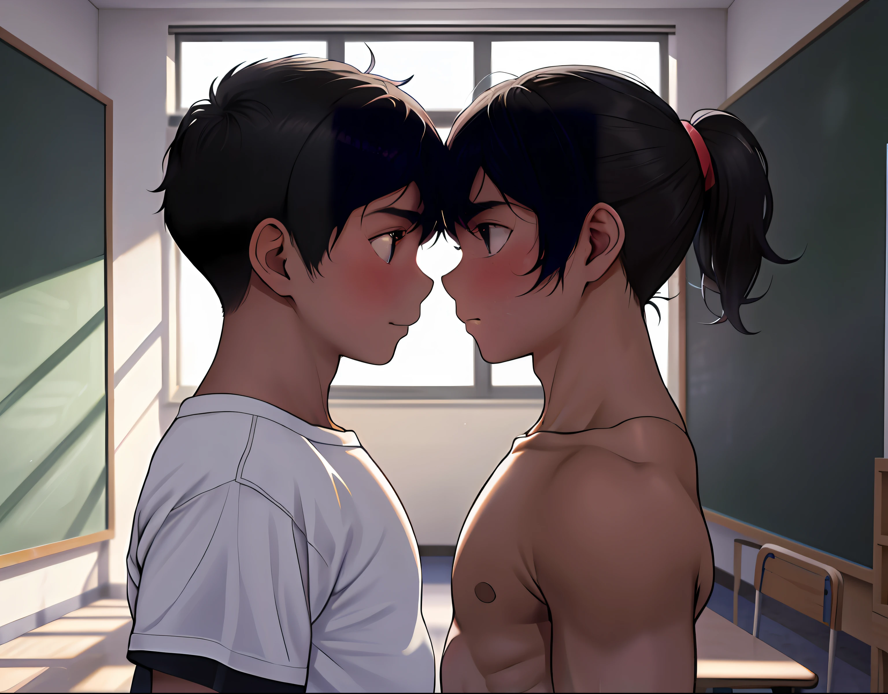 2children from 13 years old , Parlero, dentro, (obra maestra, La mejor calidad, absurdos ), escuela,Classroom two shirtless are in school have sweatpants looking into each other's eyes sadly are in the sports room