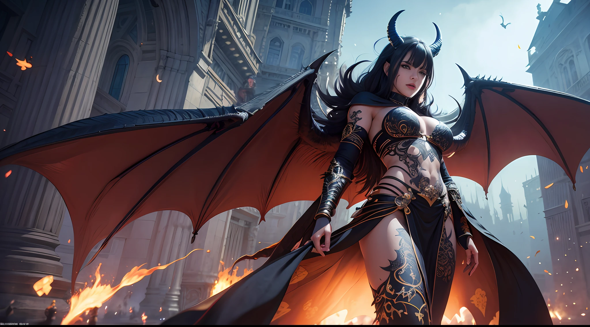 a matural female,whaite hair,Dragon's horn,Bat wings,Tattooed with,magia,Large breasts,magnificent robe,complex patterns,palaces,(skin indentation:1.5), realisticlying, realisticlying, (Masterpiece:1.5), concept-art, intricately details, highly detailed, realisticlying, rendering by octane, 8K, unreal-engine, dynamicposes, Best quality at best, A high resolution, (photorealiscic face:1.1), (Hyper-realistic:1.1), perfect eyes,(shiny skins:1.2), Radiant force, smog, magia, ((Dramatic)), Epic, battlefiled, depth of fields, Background bokeh, 4K, ashes, Particle,