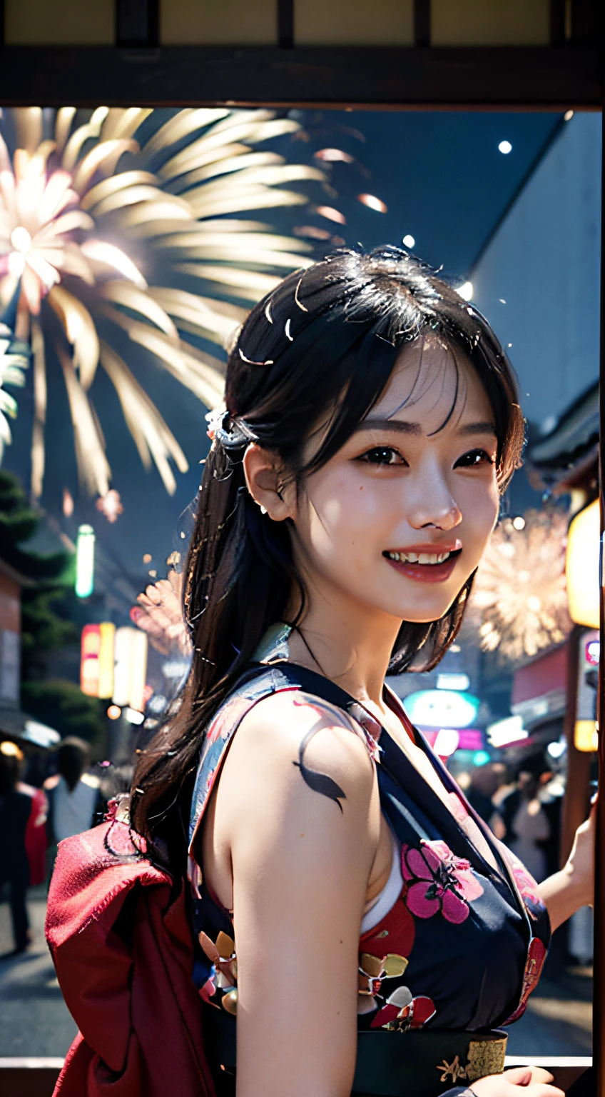 best qualtiy、masterpiece、photoRealstic、intricate-detail、Raw foto、Photon Rendering、Octane Rendering、absurderes、ultra-detailliert、A detailed face、Detailed skin、Trending in art stations、8K Masterpiece、lighting like a movie、( (1girl in))、((独奏) ))、CG Social Trends、Plastic En、((Black Long Hair))、((Beautuful Women))、(A smile)、Upper teeth、Fashionable、Hair that flutters in the wind、((Flowing hair))、fashion magazine、((A sexy))、((lighting like a movie)、((indirect lighting)、、(ssex)、Grinning、(View from a distance)、((Festival of Japan))、Kimono、((Fireworks Festival))、((ryokan))