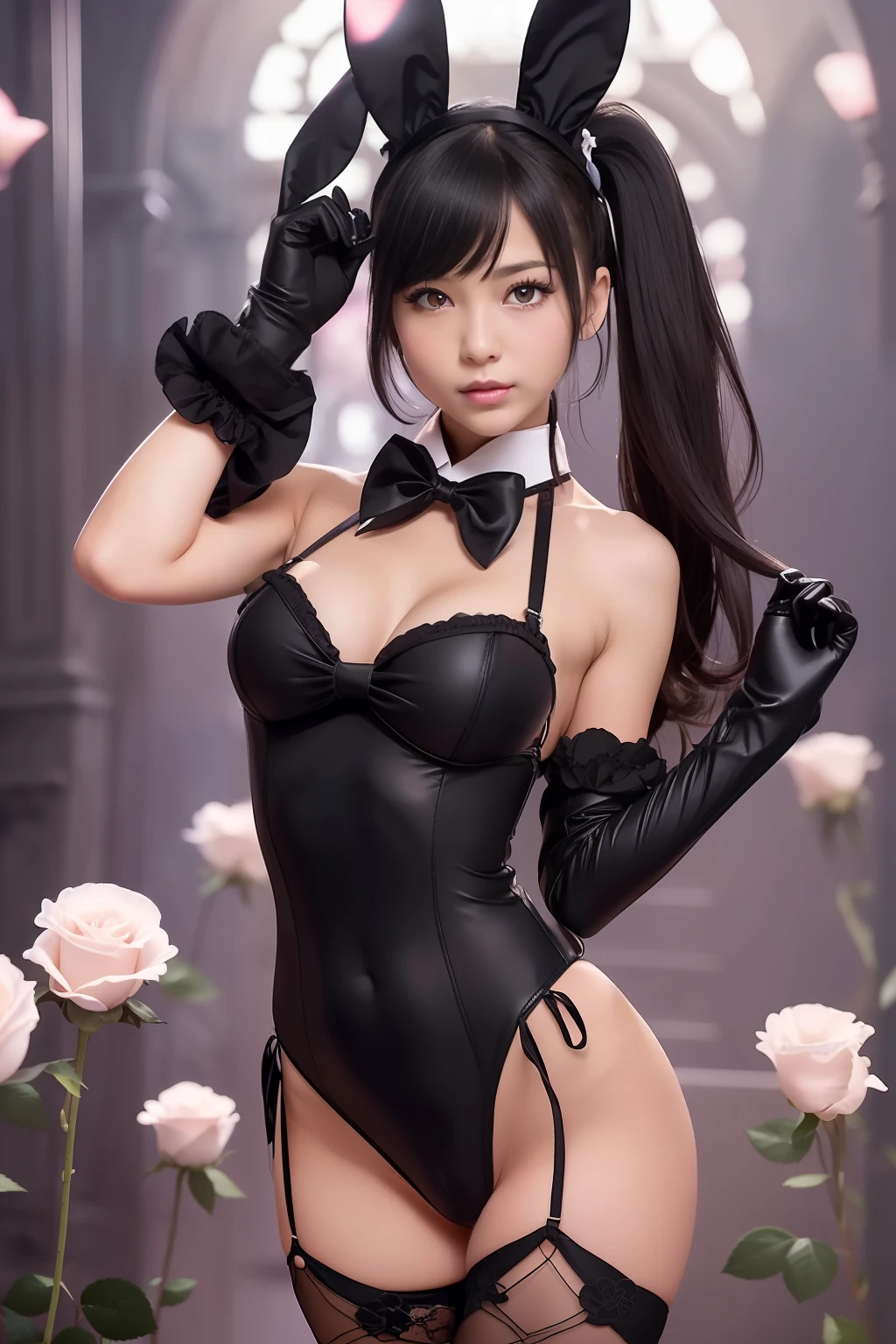 {{{Full Body Body Focus}}}、(((Black Bunny Girl Hair Band)))、(((Twin-tailed)))、(((Hair that flutters in the wind)))、Photorealsitic、超A high resolution、Convoluted、ultra-detailliert、(dent in the skin)、Cute、Feminine、Detailed body、Medium chest、(A detailed face: 1.1)、(Outline of the iris)、(Hydrocore Lens)、(perfect eyes)、4K、Beautiful fece、(masterpiece: 1.2)、(top-quality:1.2)、Multiple beautiful women、wide-hips、slenderbody、doress、ふしだらな、Pose Seductive、stripper、In a club、Dancing、Black theme、crouching down、((((Open your crotch))))、Optimal ratio of 4 fingers to 1 thumb、actionpose、(((Looks Back))) 、(((Cloister of many black roses))) 、((Enamel Knee High Boots))、((Enamel Long Gloves)) 、(((maikurobikini)))、(((Bunny girl collar and black bow tie)))
