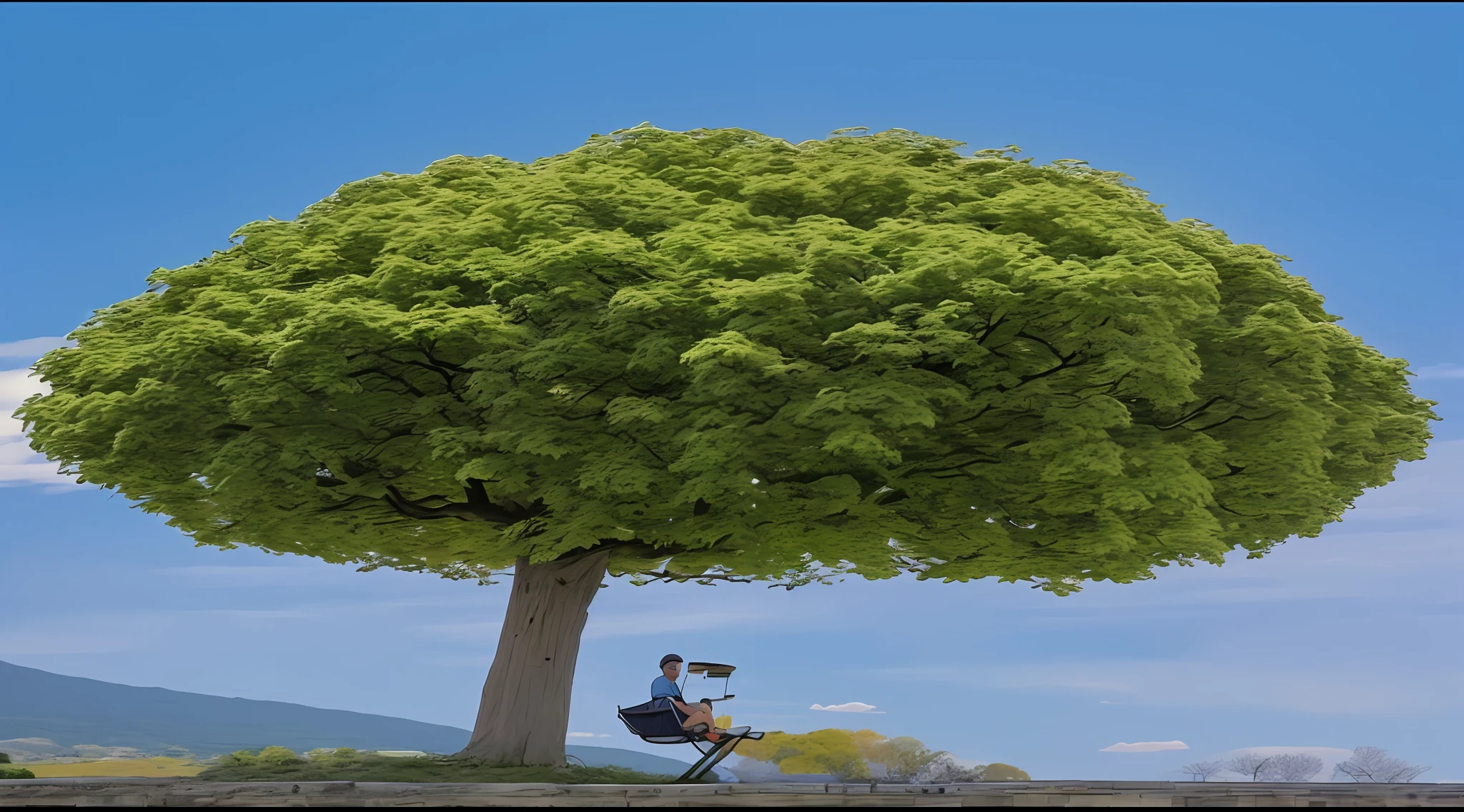 There was a man sitting under a tree,Take a chair,Big green tree,elm tree,tree and plants,trees growing on its body,big trees,a tall tree,Tall trees,linden trees,sycamore,A beautiful tree,rich tree,Big green trees,with a tall tree,single tree,Detailed trees,Green trees,Extreme,tmasterpiece,Beautiful,Impeccable,Need。