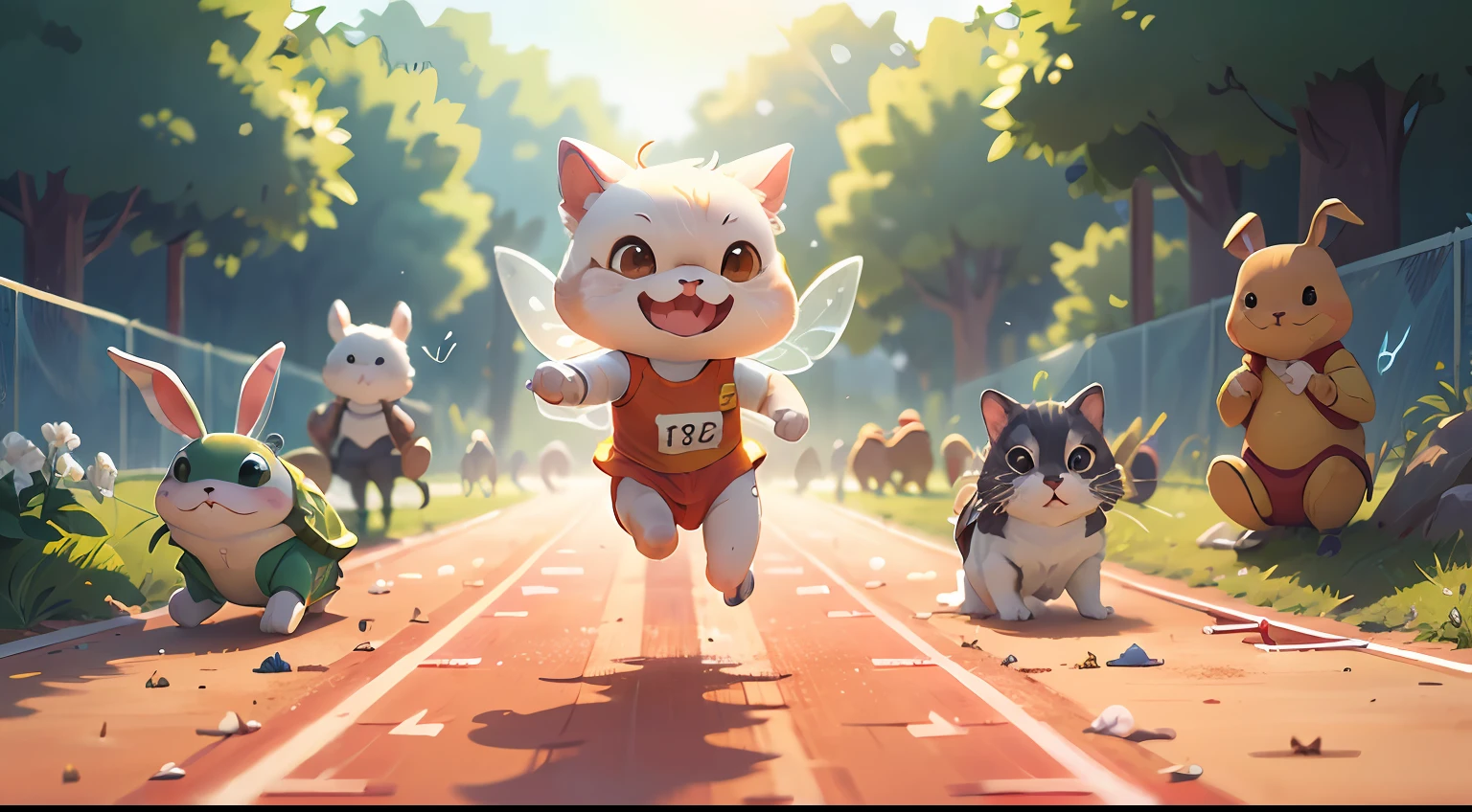 The little white rabbit chases a crawling baby turtle,Due to overwork, the little white rabbit's sweat splashed everywhere,The little turtle shows a relaxed and cheerful expression,Jumping up little white dog,Jumping little flower cat,Portrayal of the Games,Referees wave small red flags,Winding dirt roads,butterflies flying,Birds fly,The grand Far Motion Stadium,Curved track and field running track,The sun shone in intermittently,(tmasterpiece),Extremely detailed picture details,There is a clear sense of layered picture,ultra HD picture quality,(8k wallpaper),(CG),(Fairy tale style), Inspired by:Chinese Children's Stories《Tortoise and rabbit race》