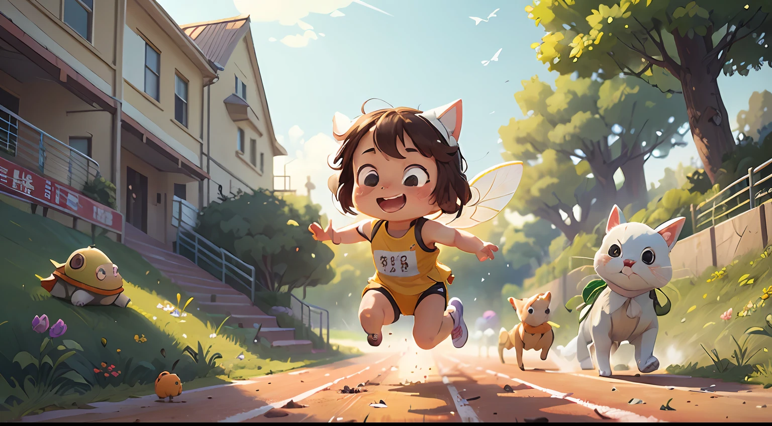The little white rabbit chases a crawling baby turtle,Due to overwork, the little white rabbit's sweat splashed everywhere,The little turtle shows a relaxed and cheerful expression,Jumping up little white dog,Jumping little flower cat,Portrayal of the Games,Referees wave small red flags,Winding dirt roads,butterflies flying,Birds fly,The grand Far Motion Stadium,Curved track and field running track,The sun shone in intermittently,(tmasterpiece),Extremely detailed picture details,There is a clear sense of layered picture,ultra HD picture quality,(8k wallpaper),(CG),(Fairy tale style), Inspired by:Chinese Children's Stories《Tortoise and rabbit race》