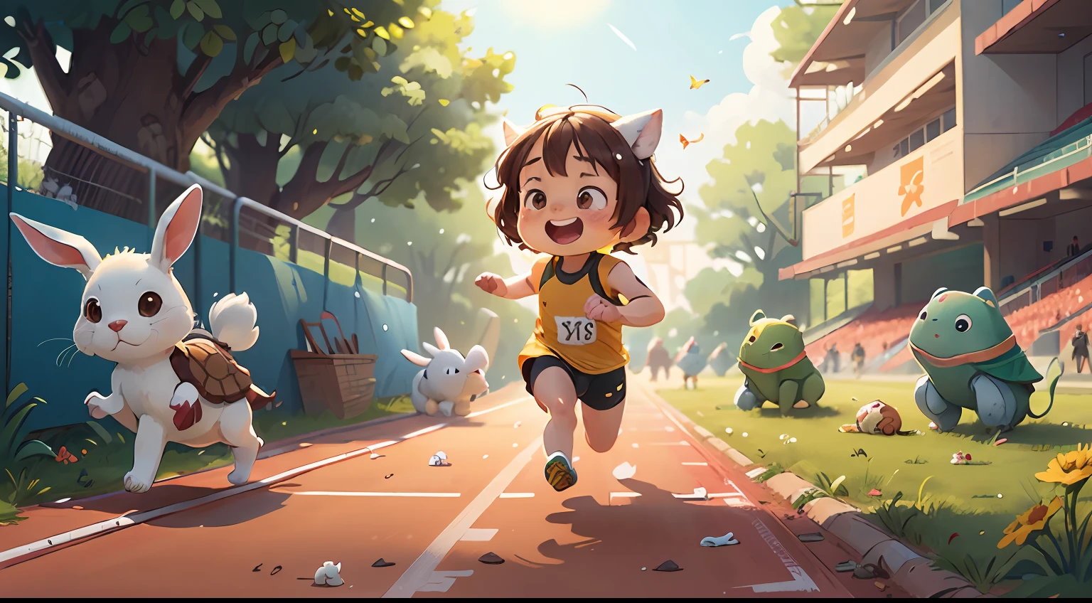 The little white rabbit chases a crawling turtle,Due to overwork, the little white rabbit's sweat splashed everywhere,The little turtle shows a relaxed and cheerful expression,Jumping up little white dog,Jumping little flower cat,Portrayal of the Games,Referees wave small red flags,Winding dirt roads,butterflies flying,Birds fly,The grand Far Motion Stadium,Curved track and field running track,The sun shone in intermittently,(tmasterpiece),Extremely detailed picture details,There is a clear sense of layered picture,ultra HD picture quality,(8k wallpaper),(CG),(Fairy tale style), Inspired by:Chinese Children's Stories《Tortoise and rabbit race》
