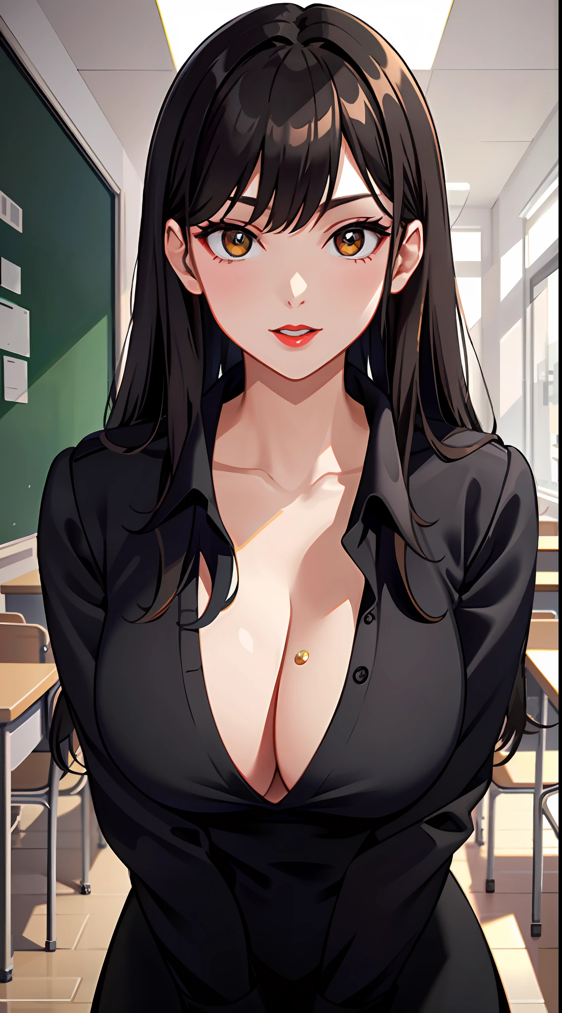 Big Breasts Teacher,The head teacher,Professional Dress,Black uniform,is shy,Top-down view,cleavage,little breast,Front view,brunette color hair,long whitr hair,The eye,Red lips,lipsticks,Classroom,ssmile,Be red in the face,Green coat,Close-up,HighestQuali,Art student,4K