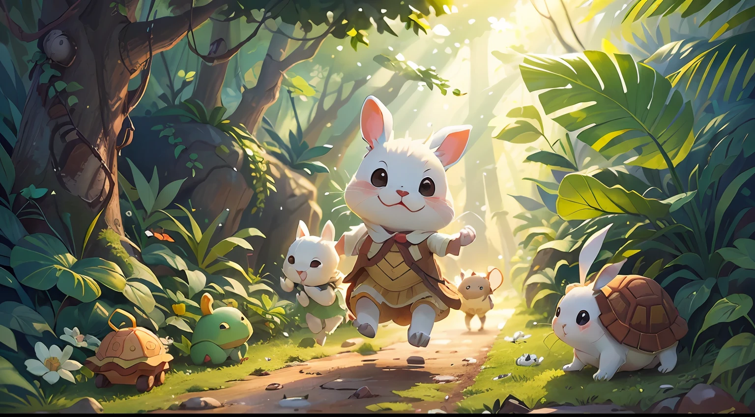 The little white rabbit chases a crawling baby turtle，Due to overwork, the little white rabbit's sweat splashed everywhere，The little turtle shows a relaxed and cheerful expression，Jumping up little white dog，Jumping little flower cat，Winding dirt roads，butterflies flying，Birds fly，In the jungle after rain，The sun shone in intermittently，（tmasterpiece），Extremely detailed picture details，There is a clear sense of layered picture，ultra HD picture quality，（8k wallpaper），（CG），(Fairy tale style), Inspired by:Chinese Children's Stories《Tortoise and rabbit race》