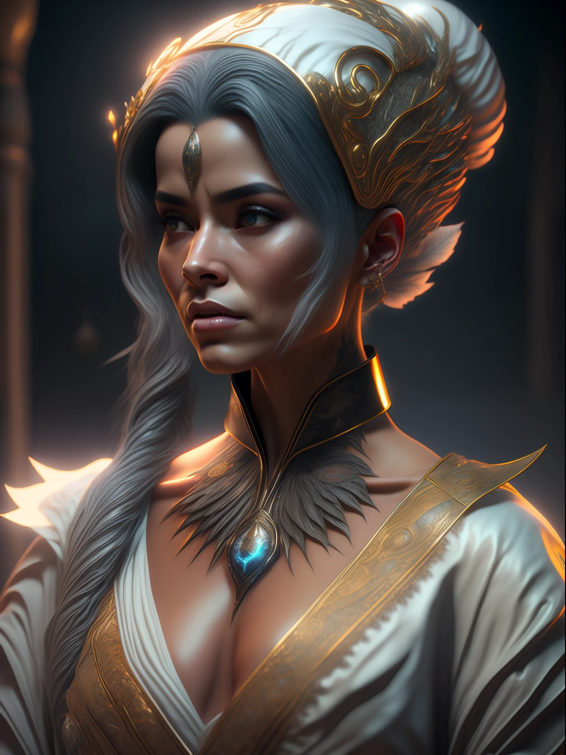 ultra - realistic portrait of an alien with tattoos on her chest, black hair and wearing a kimono helmet, white dress, white shorts and grey hair, cinematic, fantasy, concept art, sharp focus, volumetric lighting, ambient lighting. 8 k, unreal engine 5, octane
seed: 3954736886 | scale: 7.8 | steps: 63