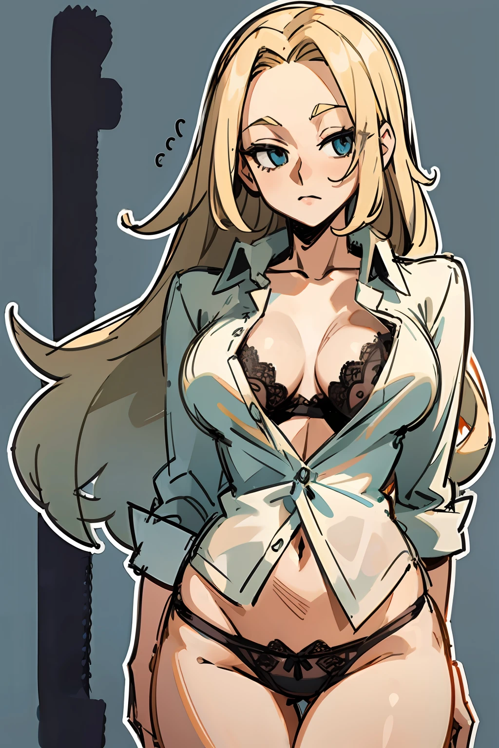 Mature woman, light blue eyes, blonde hair, forehead, (Wavy Hair:0.5), Long hair, white  shirt, ((Unbuttoned shirt)), black panties, lace panty, ((thick outlines)), ((white outlines)), (Sketch)