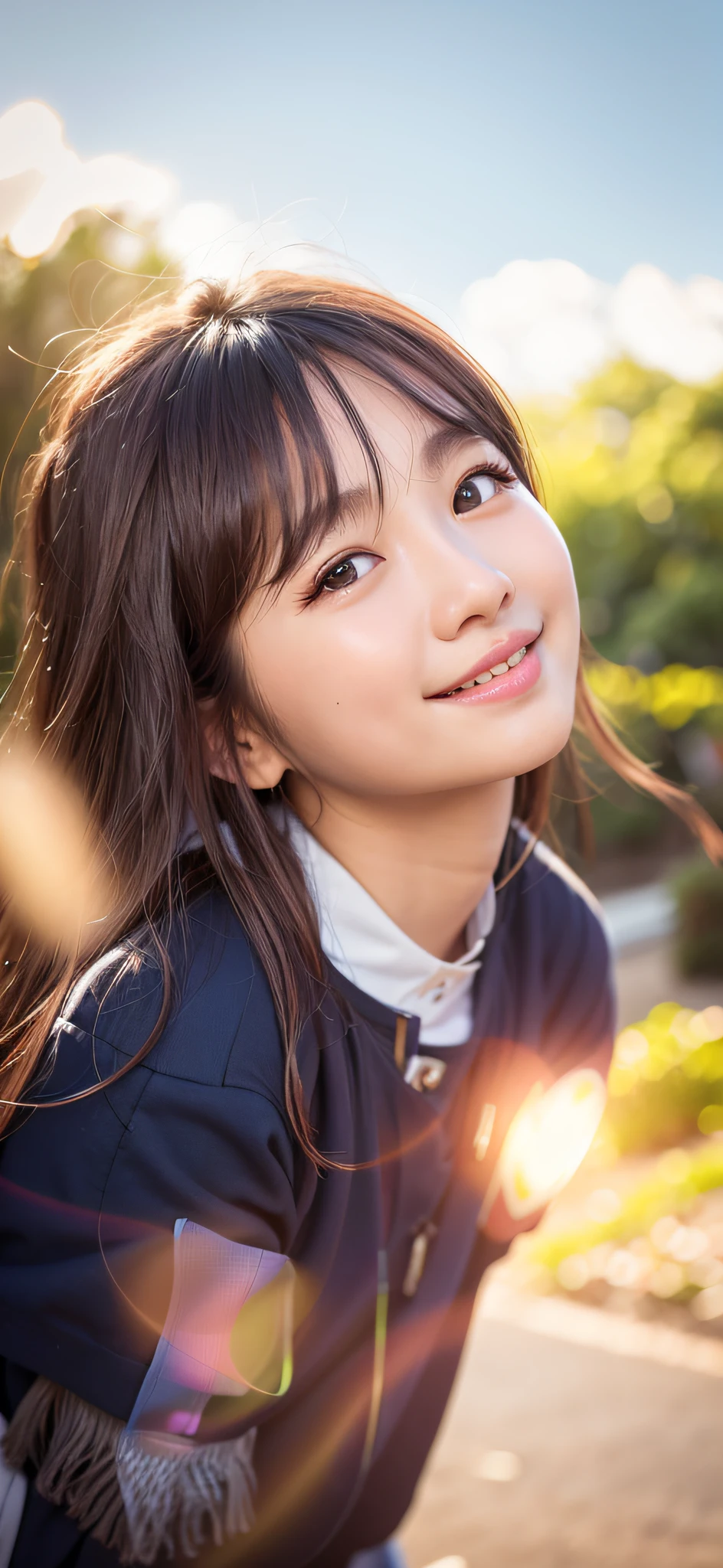 there is a young girl that is looking up at the sky, young lovely Korean faces, young cute wan asian face, wan adorable korean face, girl cute-fine face, headshot profile picture, clear cute face, slight cute smile, jaeyeon nam, with cute - fine - face, Lovely smile, laughing sweetly, with round face, sakimichan