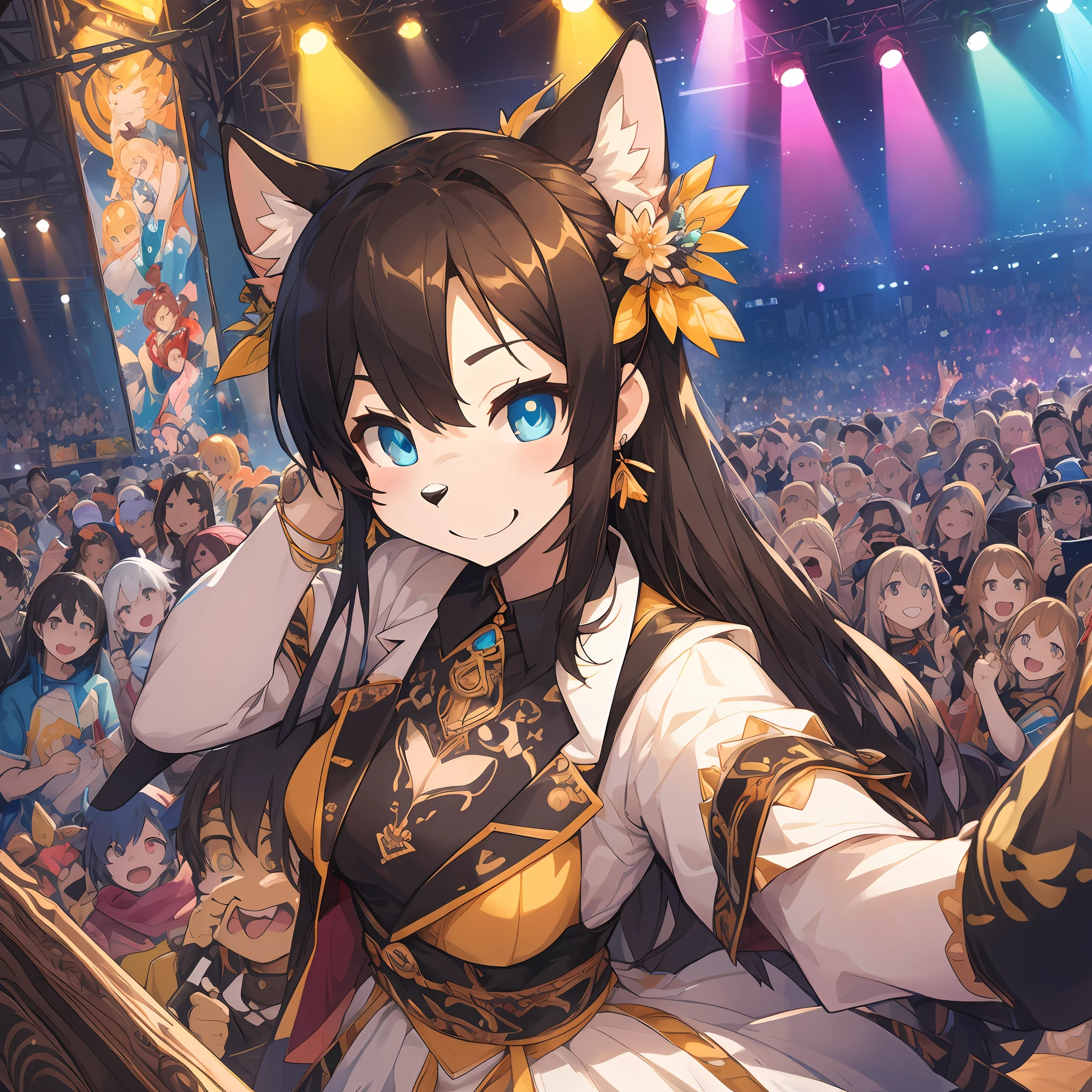 top quality, best quality, High-quality illustrations, masterpiece, super high resolution, detailed background, detailed background, Idol concerts, Packed venue, stage, penlight, group shot:0.5, 6+boys, 6+girls, Happy, joyful, absurdres(highly detailed beautiful face and eyes)perfect anatomy(Photos taken with friends)(kemono, furry anthro)selfie:0.5,