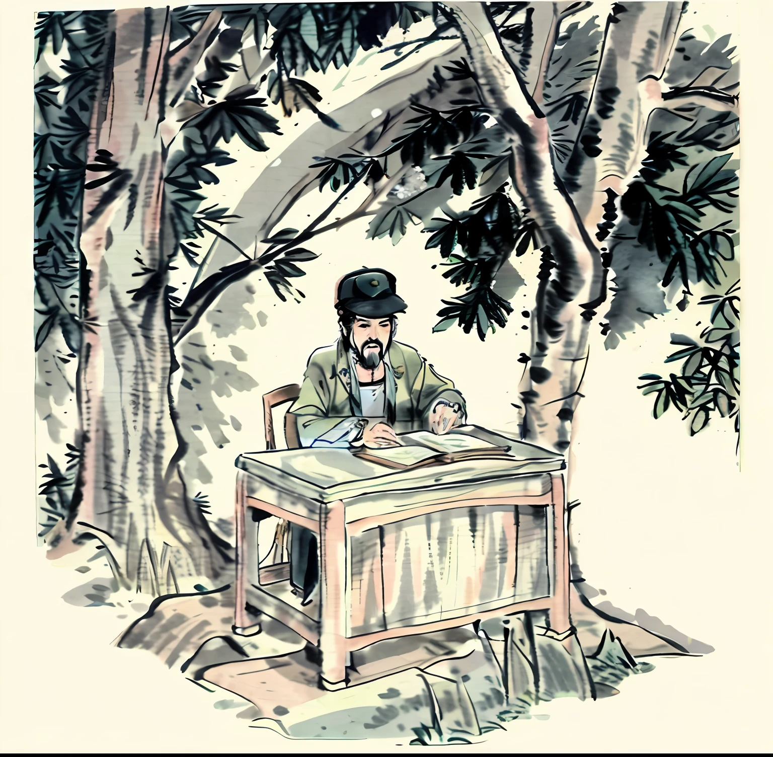 There is an old male scholar in the painting，With a hat on，Sit at your desk and write a book，There is a tree next to it，ancient china art style，kiyo，Song Dynasty，Inspired by Yang Buzhi，chinse landscape，Traditional Chinese art，Chinese style painting，Ming dynasty，Chinese art，Tang Dynasty Palace，Li Di，dreamland of chinese，Zhu Da，Beautiful rendering of the Tang Dynasty，Tang dynasty