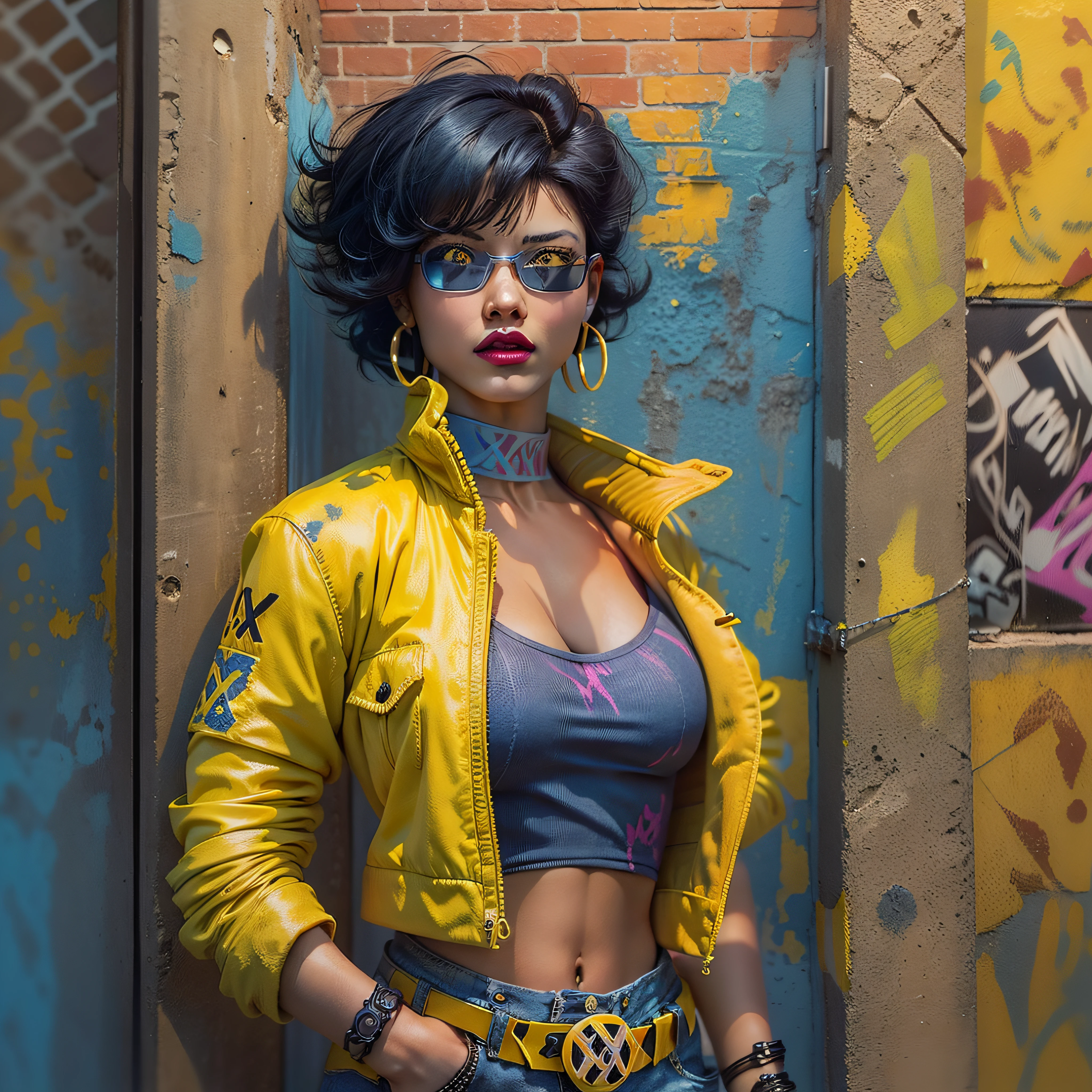 jubilee, (((short black hair))), brown eyes ,lips ,lipstick,dark skin,solo, standing,  hands on hips, upper body, close up,
jubJak, denim shorts , (((open yellow jacket))), purple shades on head, hoop earrings ,((blue gloves)), pink shirt, blue boots,
streets, chain fence, ((wall with x-men graffiti)), retro,
(insanely detailed, beautiful detailed face,  masterpiece, beautiful detailed  eyes, best quality) photo-realistic, octane render,