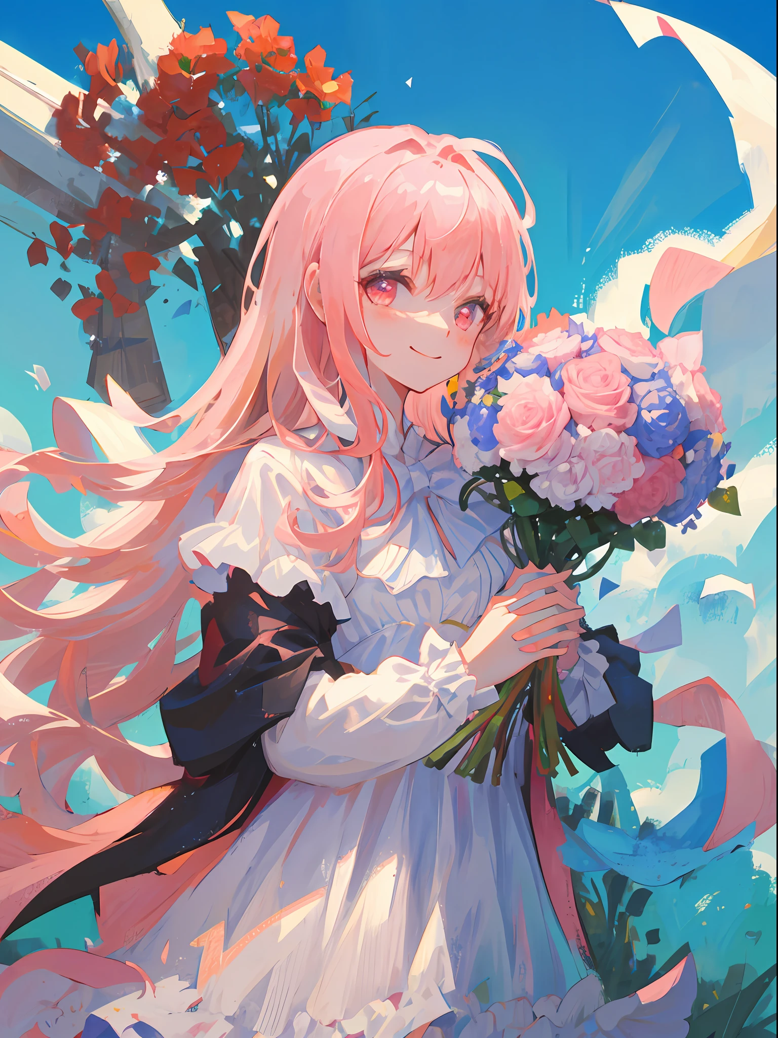1girl, pink hair, long hair, pink eyes, beautiful eyes, smile, happy, white dress, bouquet, holding with both hands, upper body, on grassland, blue sky