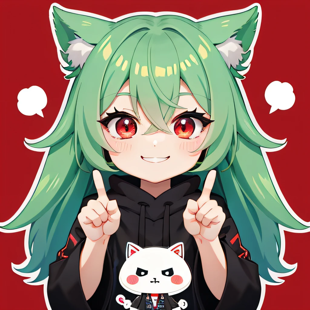 catss, 独奏, (Twitch Emote:1), Chibi, Green hair, red eyes, thumb up, a smile, The upper part of the body, comic strip, white backgrounid, a sticker, Thick black outline,