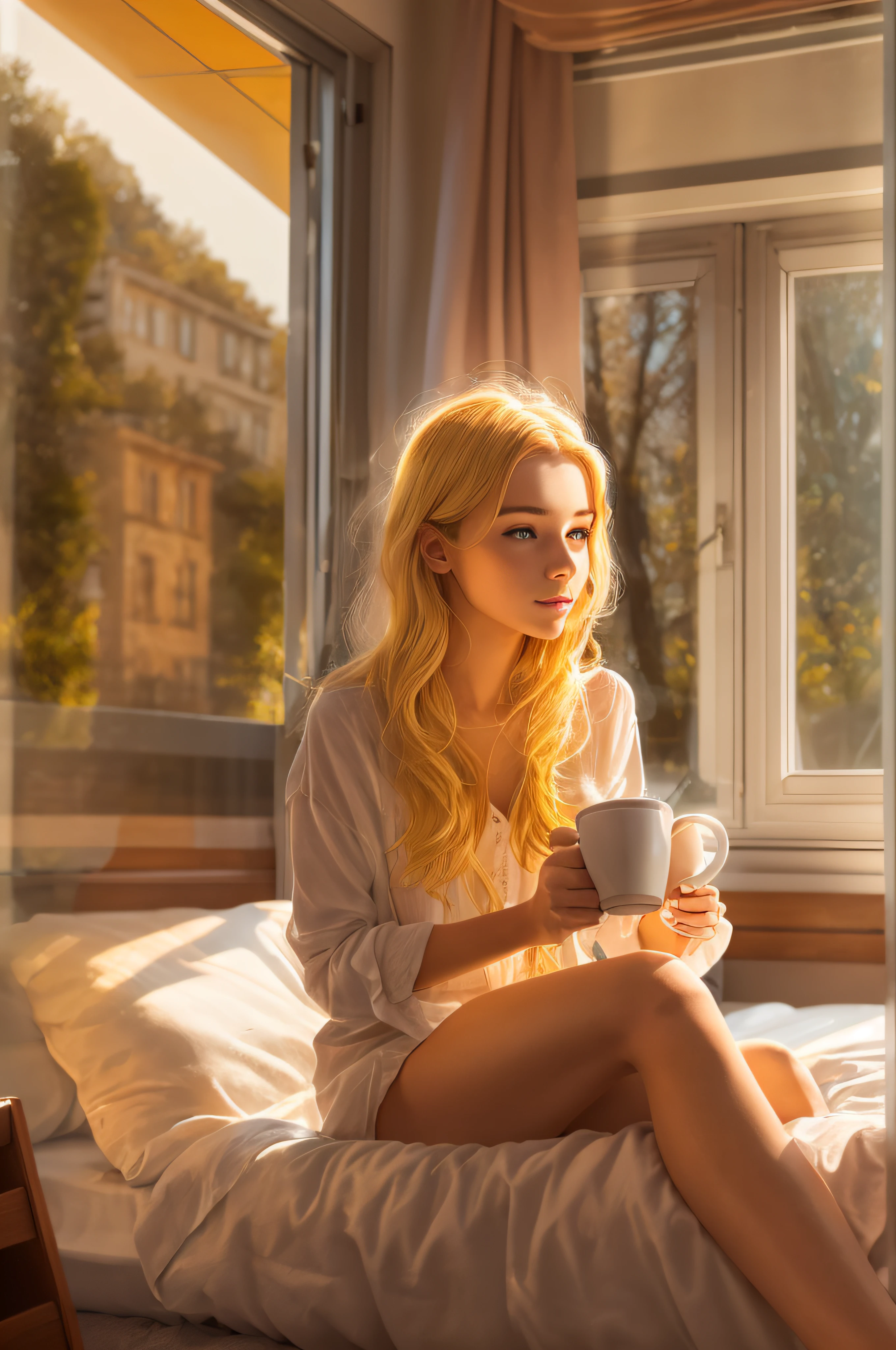 a girl with golden hair, sitting on a bed, no clothes on, drinking coffee, warm sunlight from windows