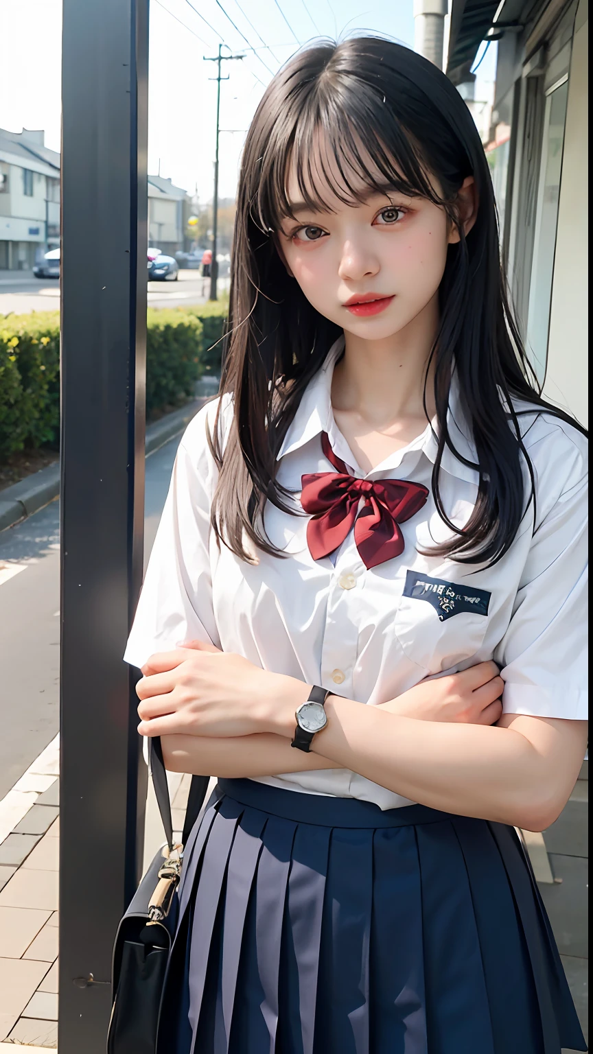 ((top-quality、​masterpiece))、Raw photography、8K、top-quality、 超A high resolution、Beautiful face in every detail、Realistic human skin、Gentle expression、front-facing view、Farbe々From an angle、length hair、realisitic、Photorealsitic、cute little、a short skirt、cute school girl、Japan schoolgirl wearing uniform、Surreal High School Girl、outside of house、(wrist watch)、A bracelet、blue-sky、Bus stop、School bag、