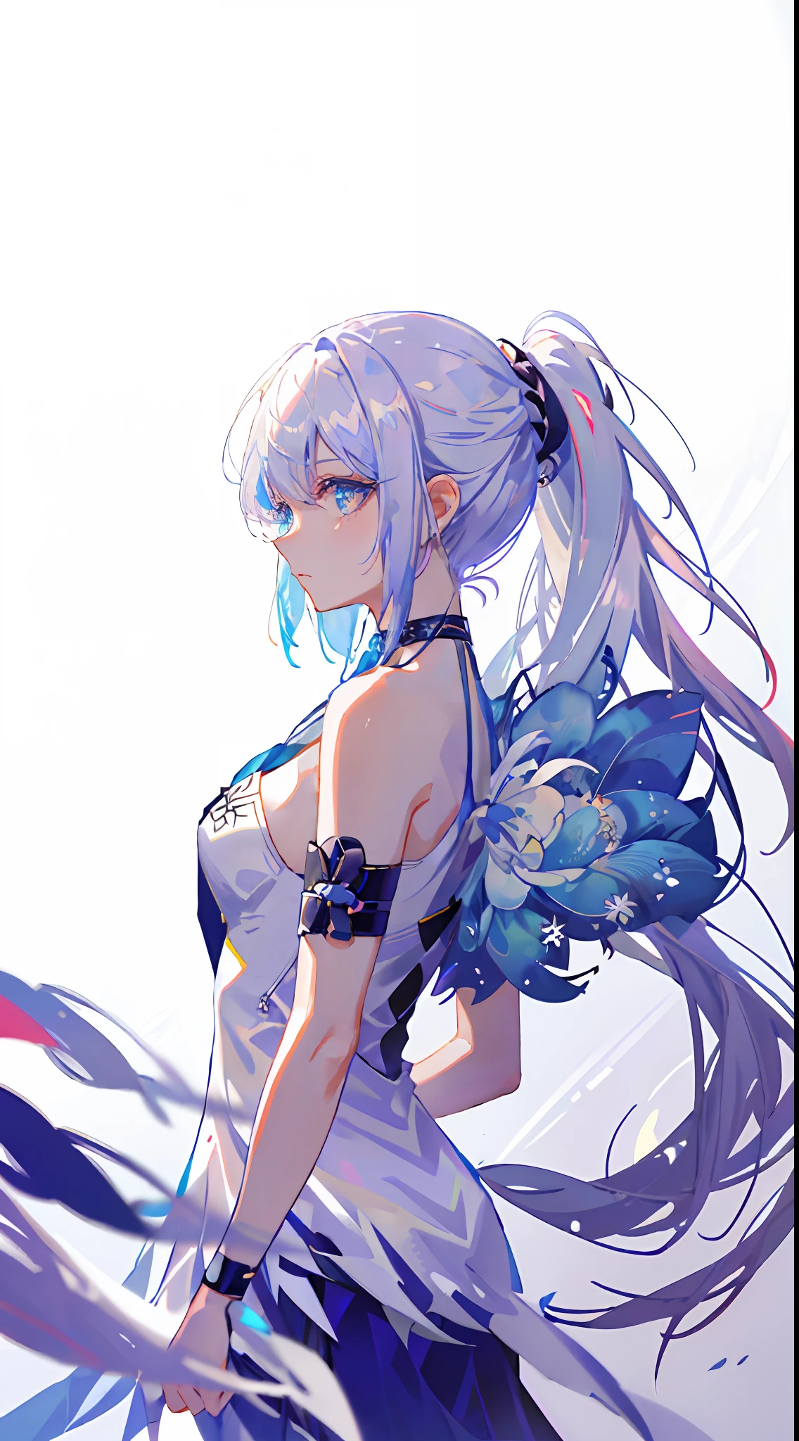 8k wallpaper，tmasterpiece，cinmatic lighting，top Quority，illustratio，dramatic angles，（（a color：1.1）），（（colored inner hair：1.4）），
1girll， 独奏， long whitr hair， Eau， eBlue eyes， choker necklace， parted lip， a white choker， pony tails， liquid hair， White hair， By bangs， By bangs， From the side Side， contours， The upper part of the body， blue hairs， Studio background， exposed bare shoulders， sportrait， looking at viewert， white dresses， hairsbetweeneyes， colorfulhair， white backgrounid， 耳Nipple Ring，jewely