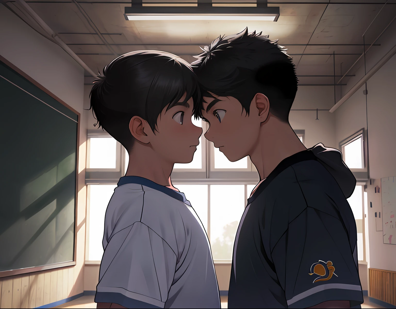 2children from 13 years old  , Parlero, dentro, (obra maestra, La mejor calidad, absurdos ), escuela,Classroom two shirtless kids are in school have sweatpants looking into each other's eyes sadly are in the sports room