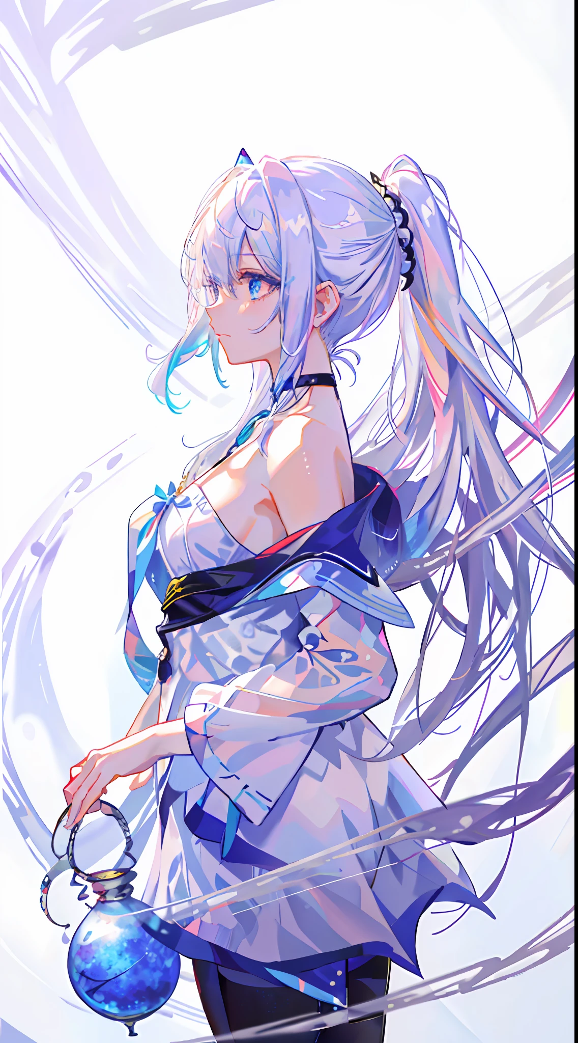 8k wallpaper,tmasterpiece,cinmatic lighting,top Quority,illustratio,dramatic angles,((a color:1.1)),((colored inner hair:1.4)),
1girll, 独奏, long whitr hair, Eau, eBlue eyes, choker necklace, parted lip, a white choker, pony tails, liquid hair, White hair, By bangs, By bangs, From the side Side, contours, The upper part of the body, blue hairs, Studio background, exposed bare shoulders, sportrait, looking at viewert, white dresses, hairsbetweeneyes, colorfulhair, white backgrounid, 耳Nipple Ring,jewely