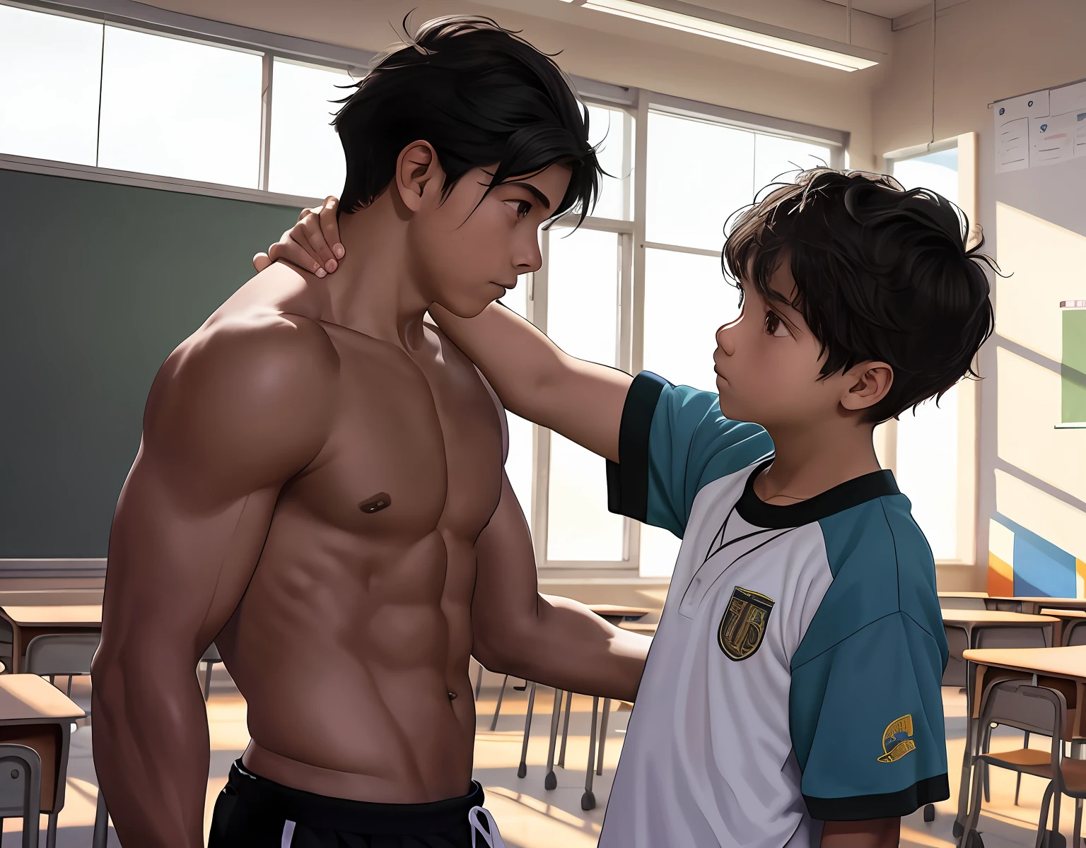 2children from   , Parlero, dentro, (obra maestra, La mejor calidad, absurdos ), escuela,Classroom two shirtless kids are in school have sweatpants looking into each other's eyes sadly are in the sports room