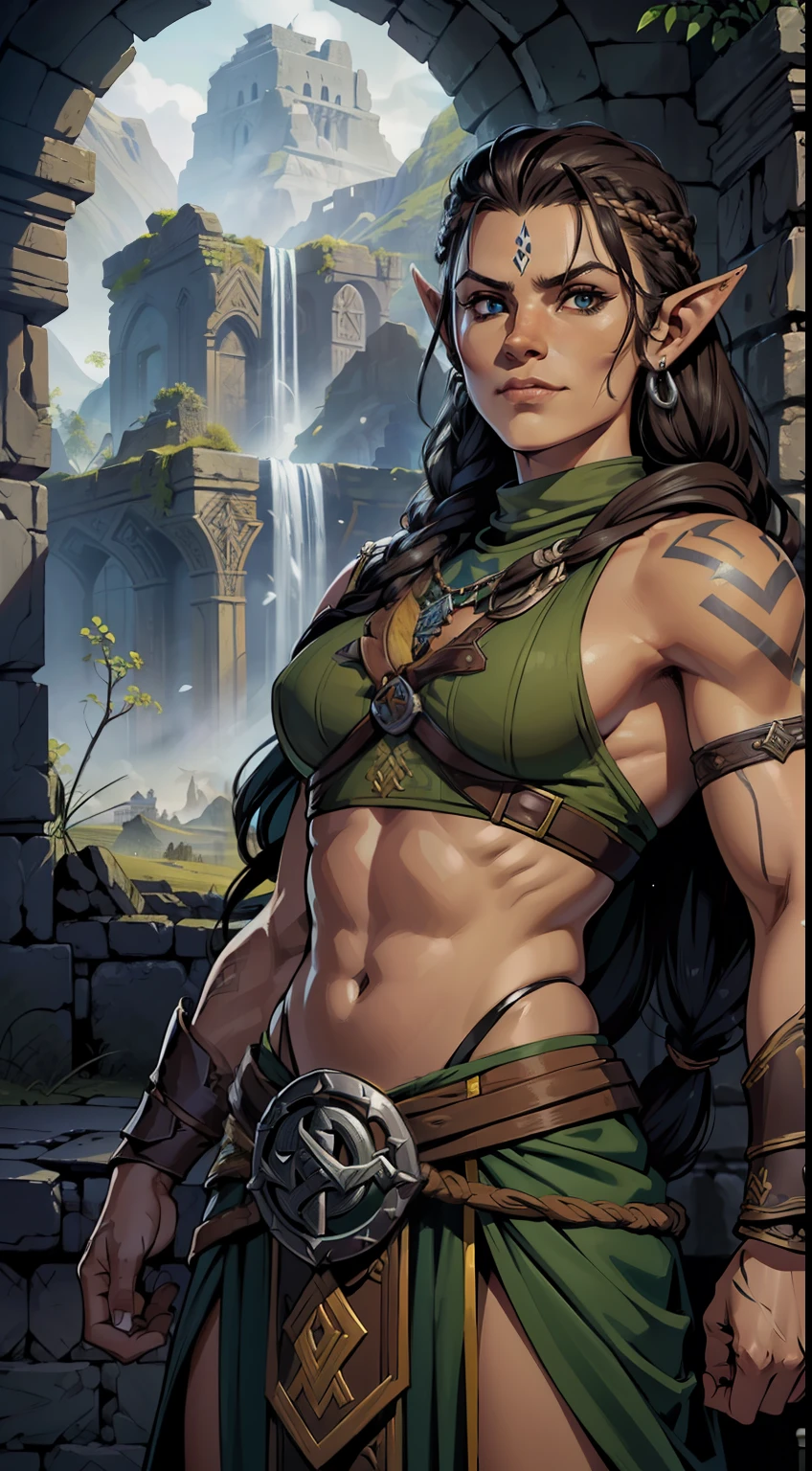 (papel de parede 8k extremamente detalhado:1.2), (melhor qualidade:1.2), (tema aventura e fantasia), perfil (personagem de Paizo Pathfinder RPG e Dungeons & dragons), ((((1orc homem)))), jovem, muito bonito, foco afiado, (subsurface scatter:1.1), fotografia premiada, ((Nordic Viking class :1.3)), ((tiro de meio corpo:1.1)), rosto centrado, expression serious, runic tattoos, pele branca verde, sardas no rosto, mohawk hair with dark brown braids, cavanhaque viking, olhos azuis:1.2, sorrindo, wearing Nordic bardic armor, (Before the Mystical Ruins l:1.3), (fundo muito detalhado:1.2), lighting dramatic