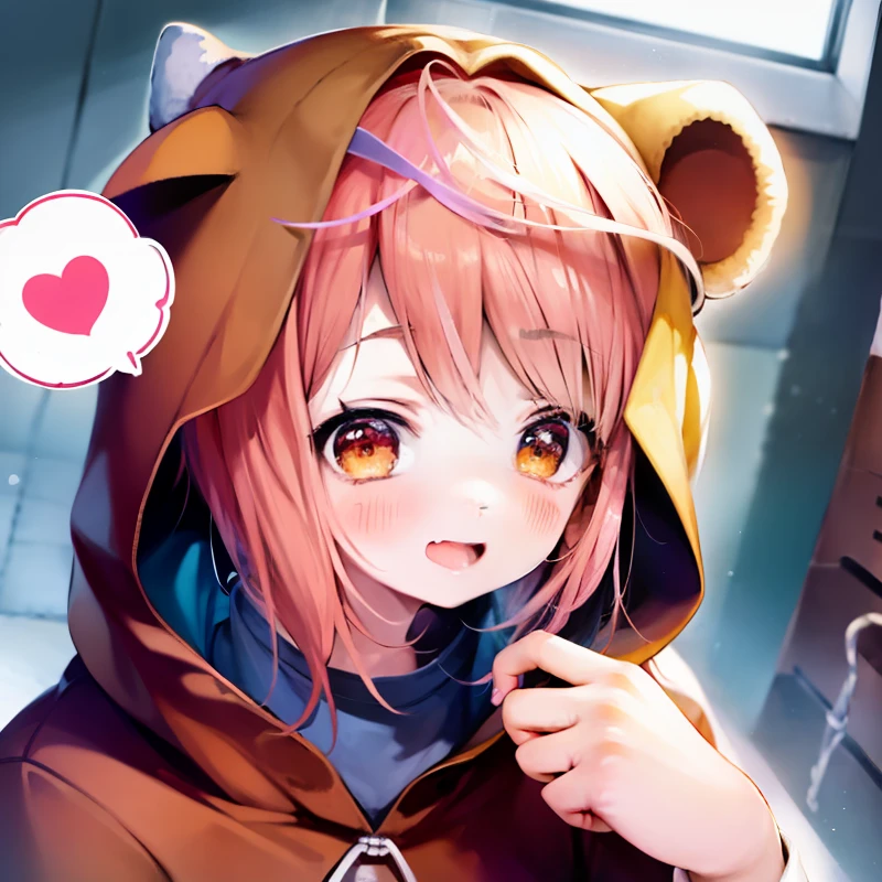 Anime girl in brown bear hoodie with pink hair and hearts in ears, (Anime Girl), Cute anime girl, portrait of cute anime girlbabes, Haruno Sakura, Anime Girl, an anime girl, cute anime style, Cute anime face, cute kawaii girl, Cute Anime, Anime visuals of cute girls, portrait of cute anime girlbabes, extremely cute anime girl face