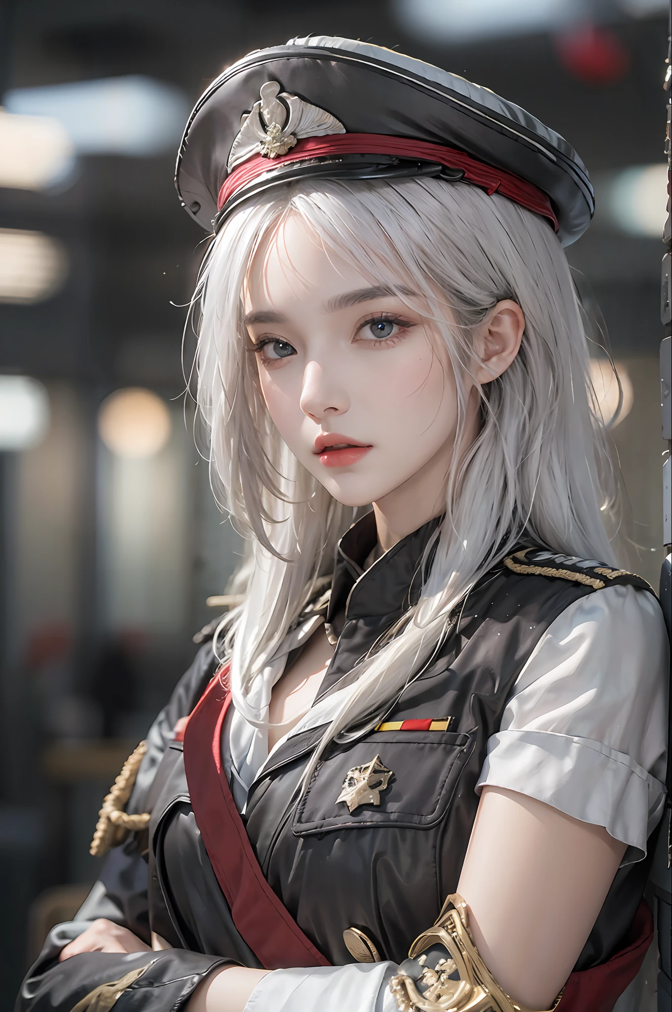 photorealistic, high resolution, 1 women, solo, half body,beautiful eyes, look at viewer, white hair, military uniform