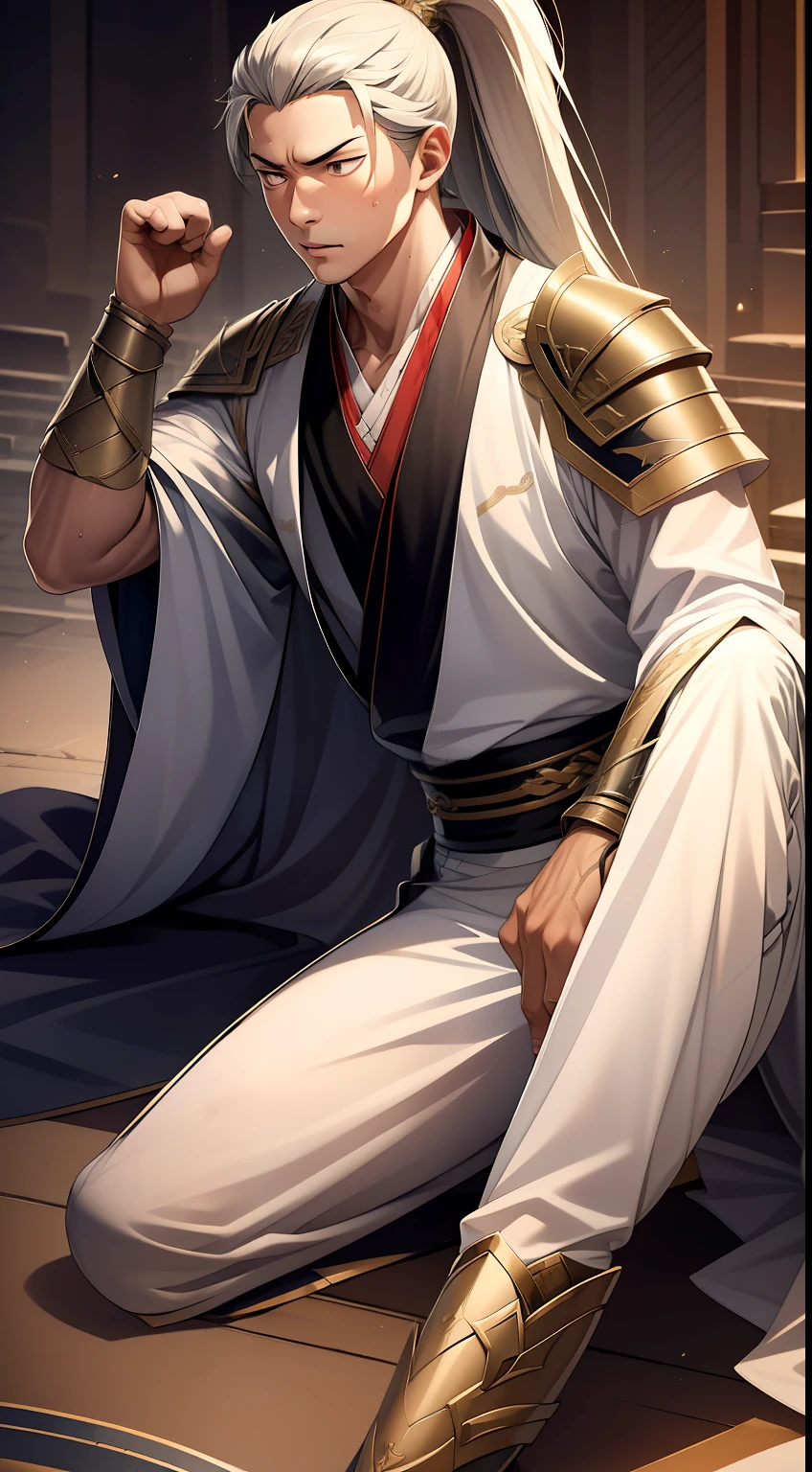 quadratic element，style of anime，mtu（Male Warrior），The proportions are correct，Face details，swordsmen，High ponytail hairstyle，Neck details，There is an Adam's apple，Black Hanfu，kaftan，Embroidered robes，Black robe，clothes details，Handing over，longer sleeves，Game quality，Swordsmanship，Light and shadow tracking，Ray traching，detailed glow，cg render，hair detail，long  white hair，Black eyes，Handsome，Handsome，（juvenile sense），Clothing is complicated，Perfectcomposition，Refinement，high qulity，higher details，Lots of details，The background is complex，a sense of atmosphere，