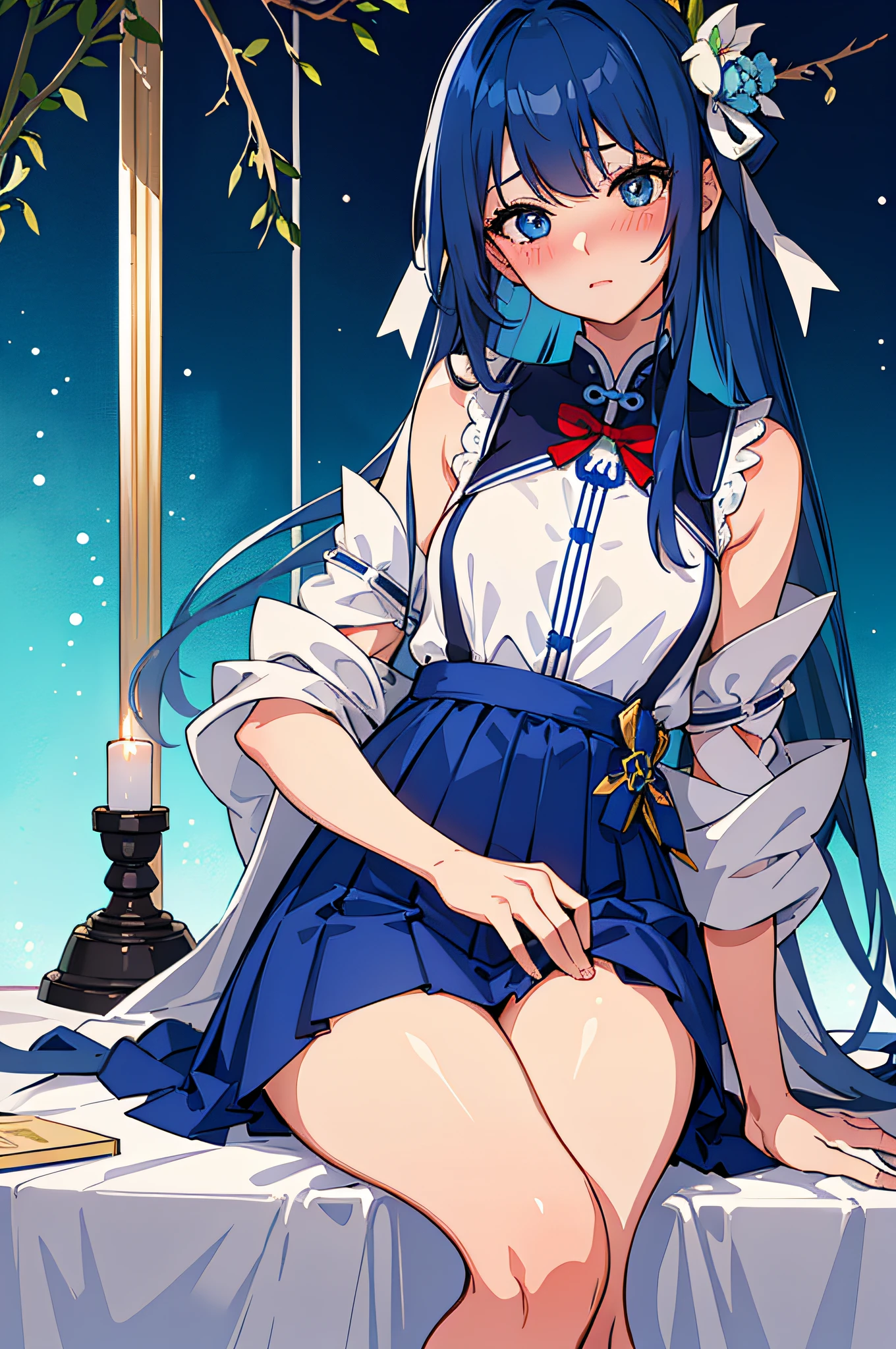 masterpiece、hightquality、top-quality、Beautiful fece、hard disk、Perfect litthing、A detailed face、Detailed body、Female 1 Person、独奏、(Blue hair)、blue eyess、((校服))、(sitting on)The table)、sexy pose、Sexy face、(red blush)、