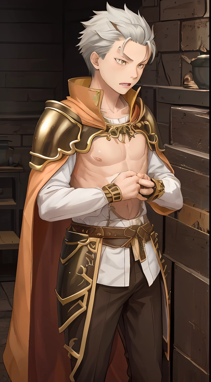 (1 Adult male),A high resolution, Sharp focus, Pixiv masterpiece, ((Complicated details)), highly detailed, natsuki_subaru, 1 man, with her mouth open,drools,full bodyesbian, Golden eyes(eyes glowing), with short white hair,Armour,cloaks,Shoulder armor,perspire,look from down