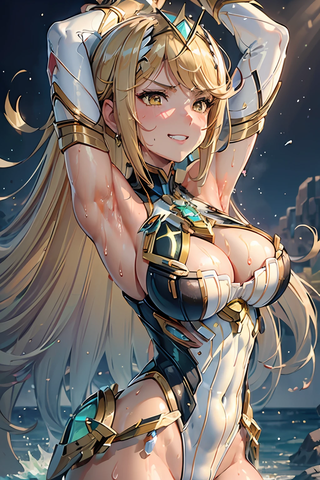 (masterpiece, best_quality, ultra-detailed, immaculate:1.3), epic, illustration, 1girl, solo, upper body, mythra \(xenoblade\), smile, angry, grin, yellow eyes, blonde hair, leotard, sweat, wet skin, arm raised, large breasts, armpit, muscular, abs, view from side,