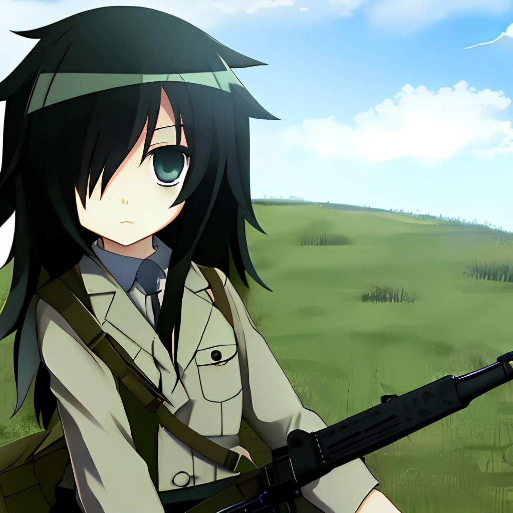 Obra maestra, Detallado, Tomoko-Kuroki, casco de camuflaje, chica, sosteniendo un Ak-47, ojos verdes, cabello negro, explosiones a su alrededor, ropa de camuflaje de soldado, aspecto severo y aburrido, en la zona de guerra, 4k, 8k, alta calidad, obra maestra, mejor calidad, hd, extremadamente detallado, Mirando al espectador, Tiro americano,