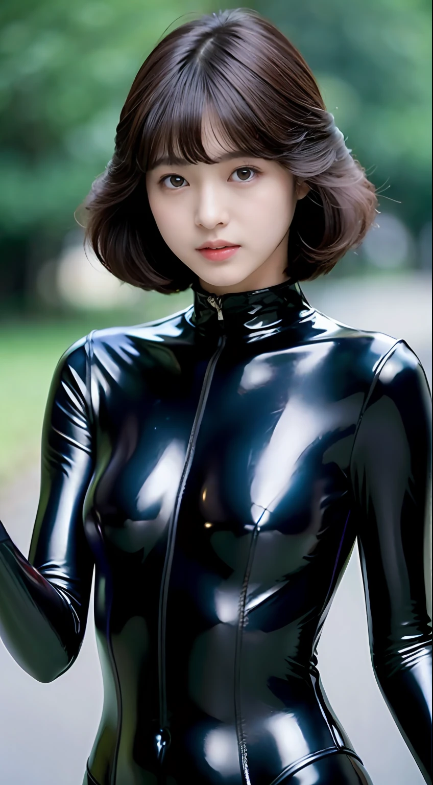 The highest image quality、超A high resolution、(真实感:1.4)、1girl in、delicate and beautiful face、Wearing a thin latex rubber suit with long sleeves