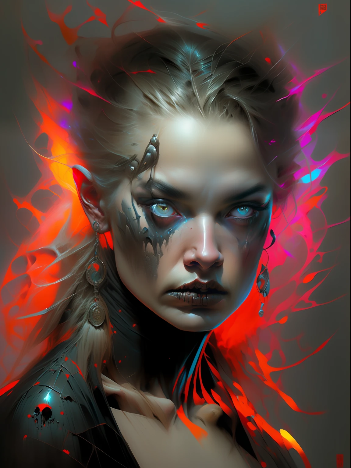 face portrait painting of a zombie with long blond hair and a round face. (-face portrait portrait of a monster skull with black eyes and short blond hair, by Albert Dros, Stanley Artgerm Lau, Peter Mohrbacher and Ralph McQuehilde ). (-Stellman, WLOP, Ross Tran