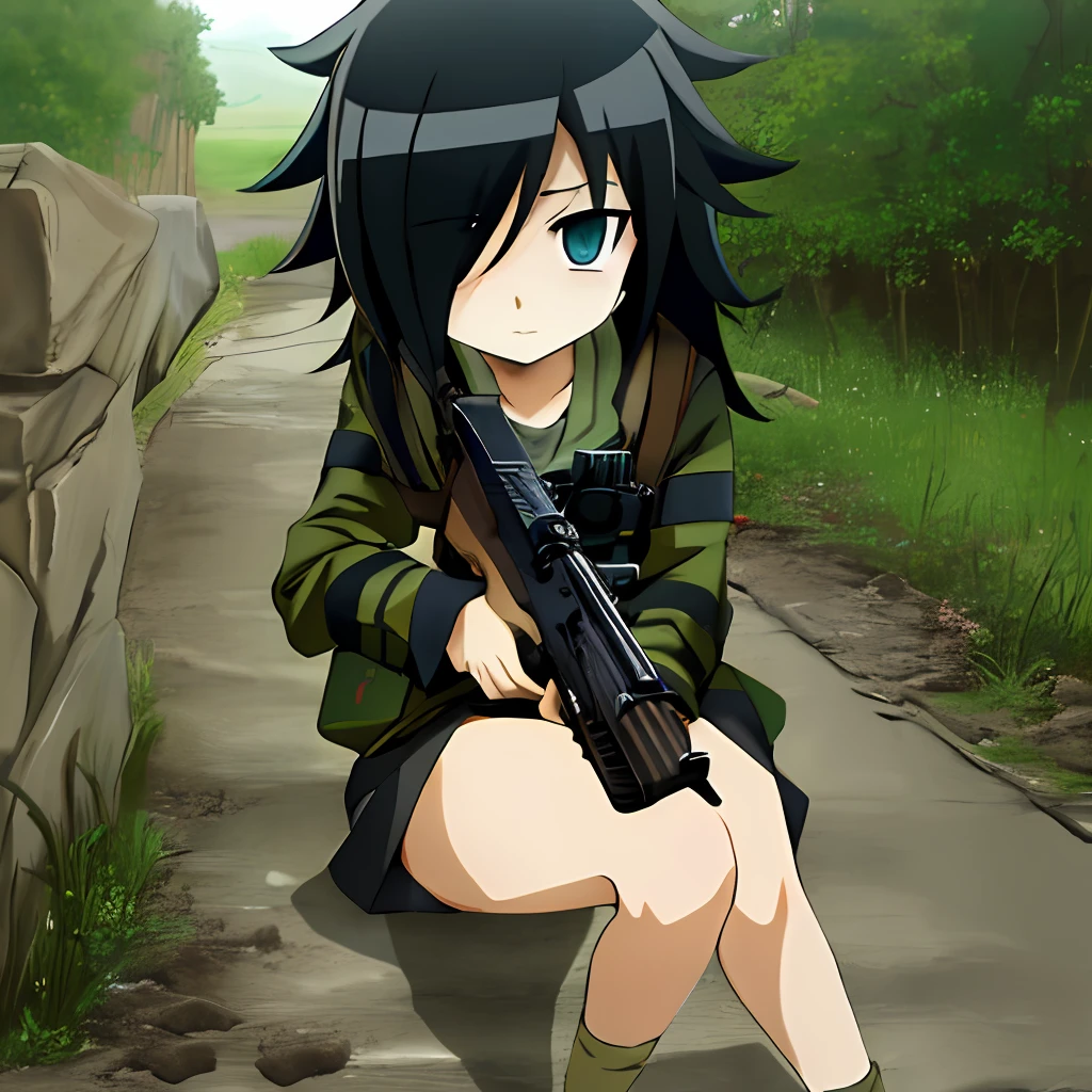 Obra maestra, Detallado, Tomoko-Kuroki, casco de camuflaje, chica, sosteniendo un Ak-47, ojos verdes, cabello negro, explosiones a su alrededor, ropa de camuflaje de soldado, aspecto severo y aburrido, en la zona de guerra, 4k, 8k, alta calidad, obra maestra, mejor calidad, hd, extremadamente detallado, Mirando al espectador, Tiro americano,