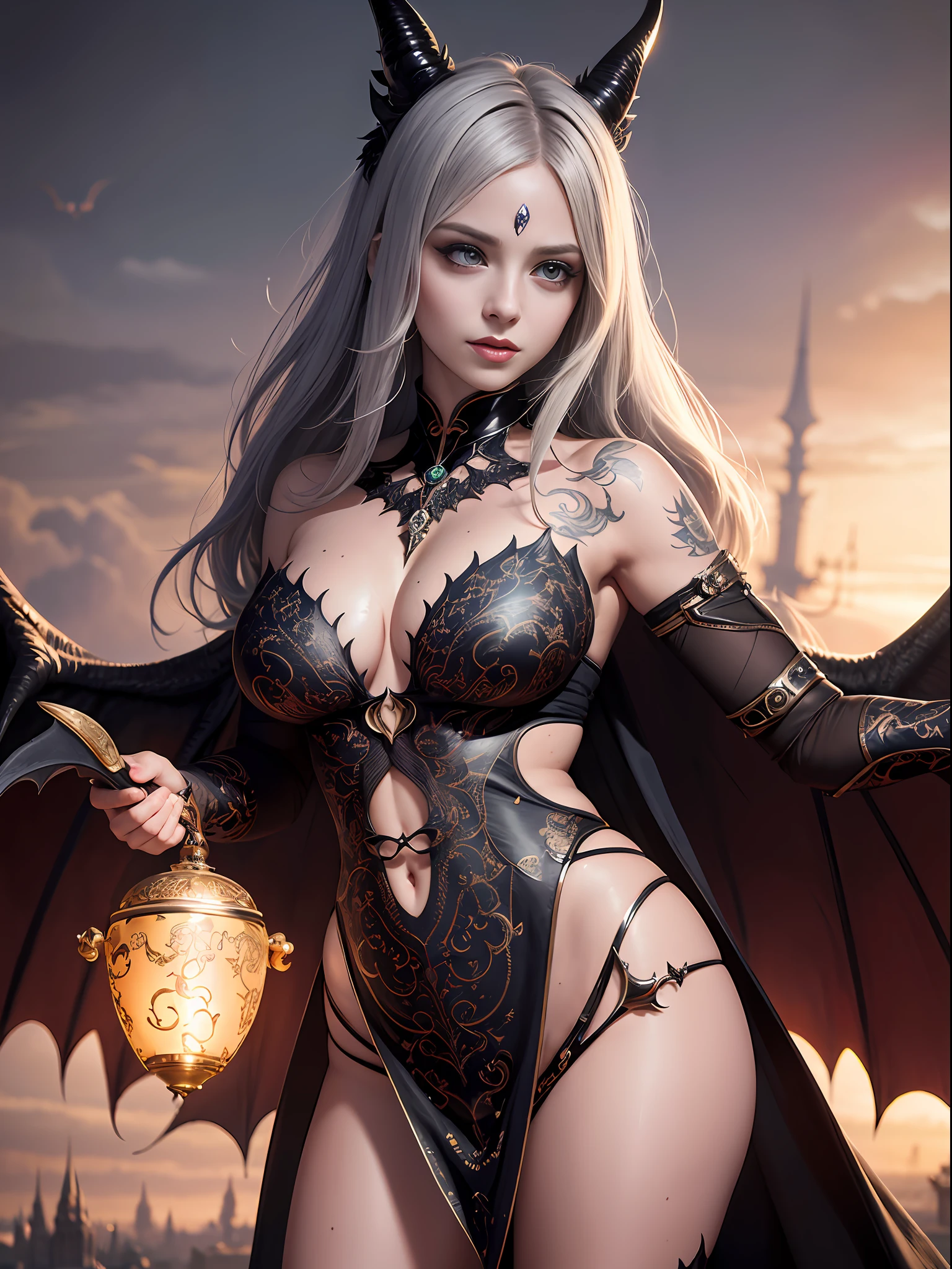 a matural female，Dragon's horn，Bat wings，Tattooed with，eyes glowing，magia，Large breasts，magnificent robe，complex patterns，palaces，(skin indentation:1.5), realisticlying, realisticlying, (Masterpiece:1.5), concept-art, intricately details, highly  detailed, realisticlying, rendering by octane, 8K, unreal-engine, dynamicposes, Best quality at best, A high resolution, (photorealiscic face:1.1), (Hyper-realistic:1.1),  perfect  eyes,(shiny skins:1.2),  Radiant force,  smog, magia, ((Dramatic)), Epic, battlefiled, depth of fields, Background bokeh, 4K,  ashes, Particle，