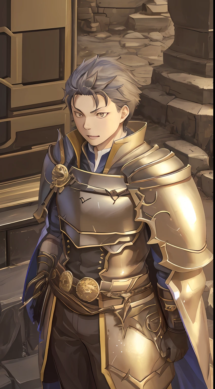 (1 Adult male),A high resolution, Sharp focus, Pixiv masterpiece, ((Complicated details)), highly detailed, natsuki_subaru, 1 man, with her mouth open,drools,full bodyesbian, Golden eyes(eyes glowing), with short white hair,Armour,cloaks,Shoulder armor,perspire,look from down